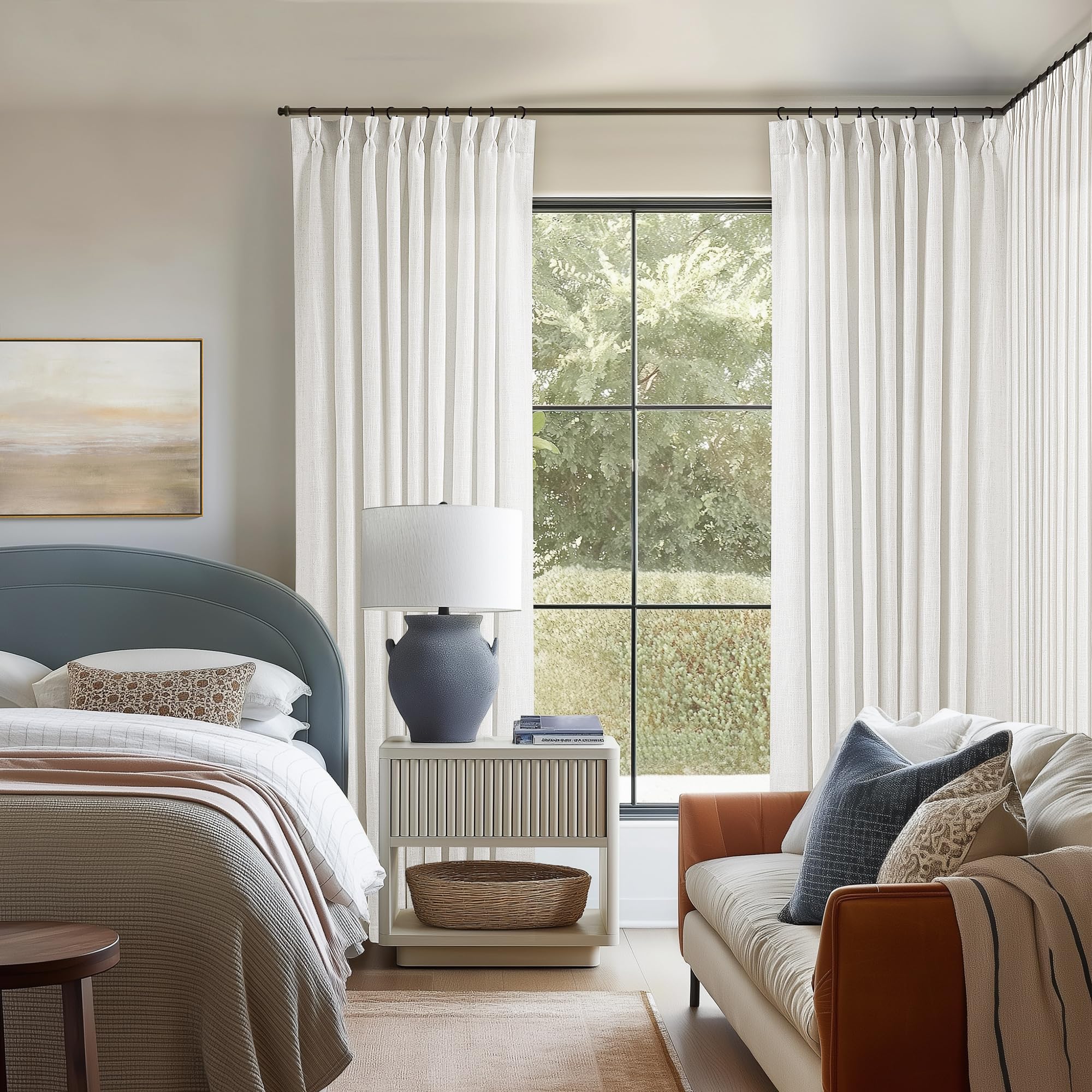 TWODRAPES Beige White Pinch Pleated Linen 96 Inch Curtains 60 Inch Width — image 1