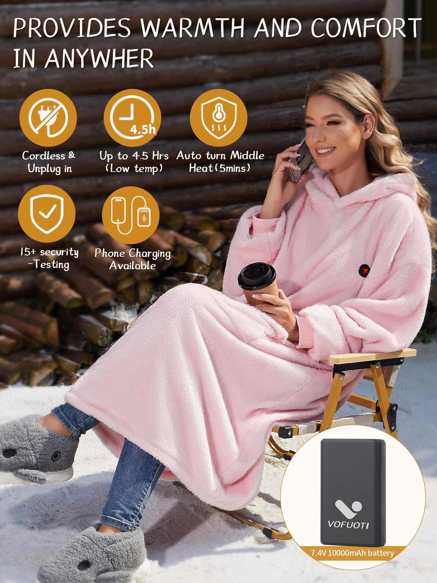 Beheizte Hoodie Decke mit Ärmeln,Heizdecke mit Ärmeln Kabellos mit Akku,10000mAh,Geschenk für Frauen,Tragbare Decke zum Anziehen Erwachsene Kuscheldecke,Weihnachtsgeschenke für Freundin Mütter75*110cm