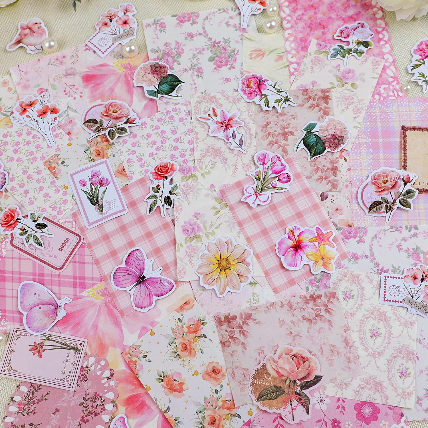 100pcs Floral Vintage Scrapbook Paper Junk Journal Paper Scrapbook Supplies Kit Small Big Decorative Pattern Art Collage Cardstock Cute Journaling Stickers Spring Scrap Book for Wedding Valentine