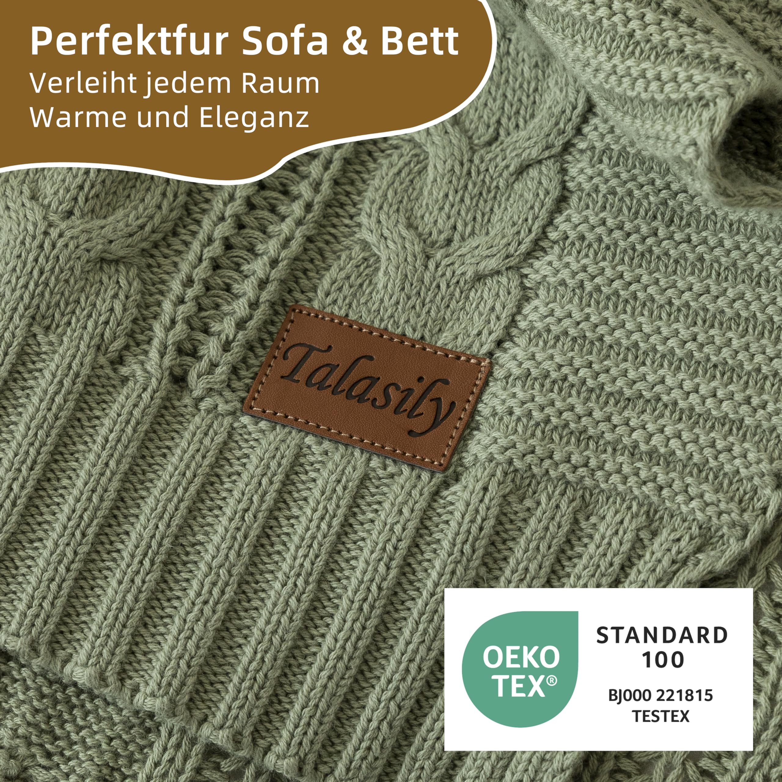 Talasily Strickdecke 150x200cm 100% Baumwolle Oeko-TEX, leichte Ganzjahresdecke Zopfmuster, atmungsaktiv weich für Frühling Sommer Herbst, Tagesdecke für Bett & Sofa, Wohnaccessoire Grün
