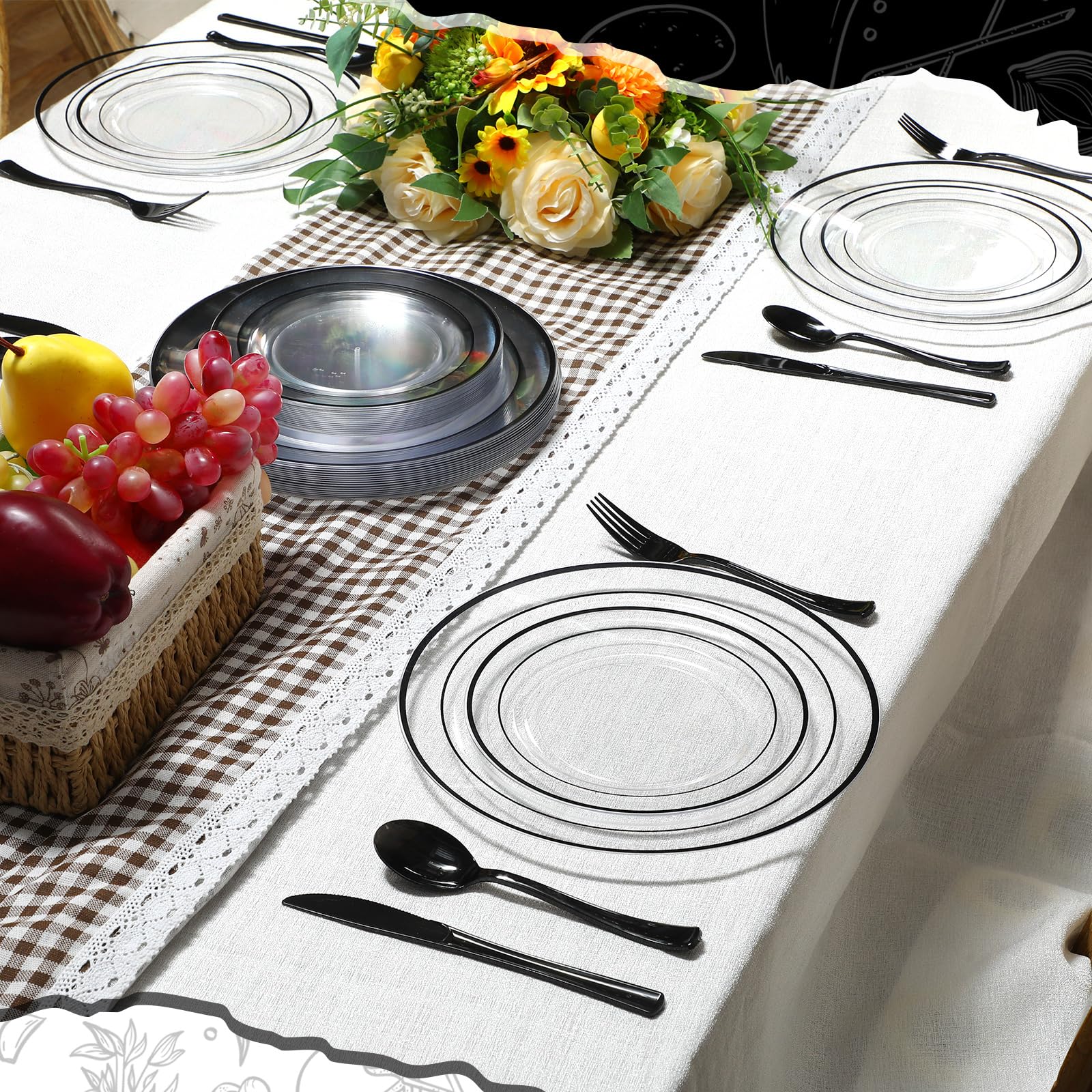 Lounsweer 125 Pcs Disposable Dinnerware Set for 25 Guest Include 25 Pcs 10.25'' Disposable Dinner Plate 25 Pcs 7.5'' Appetizer Salad Plate 25 Knives 25 Spoon 25 Fork for Christmas Party (Black)