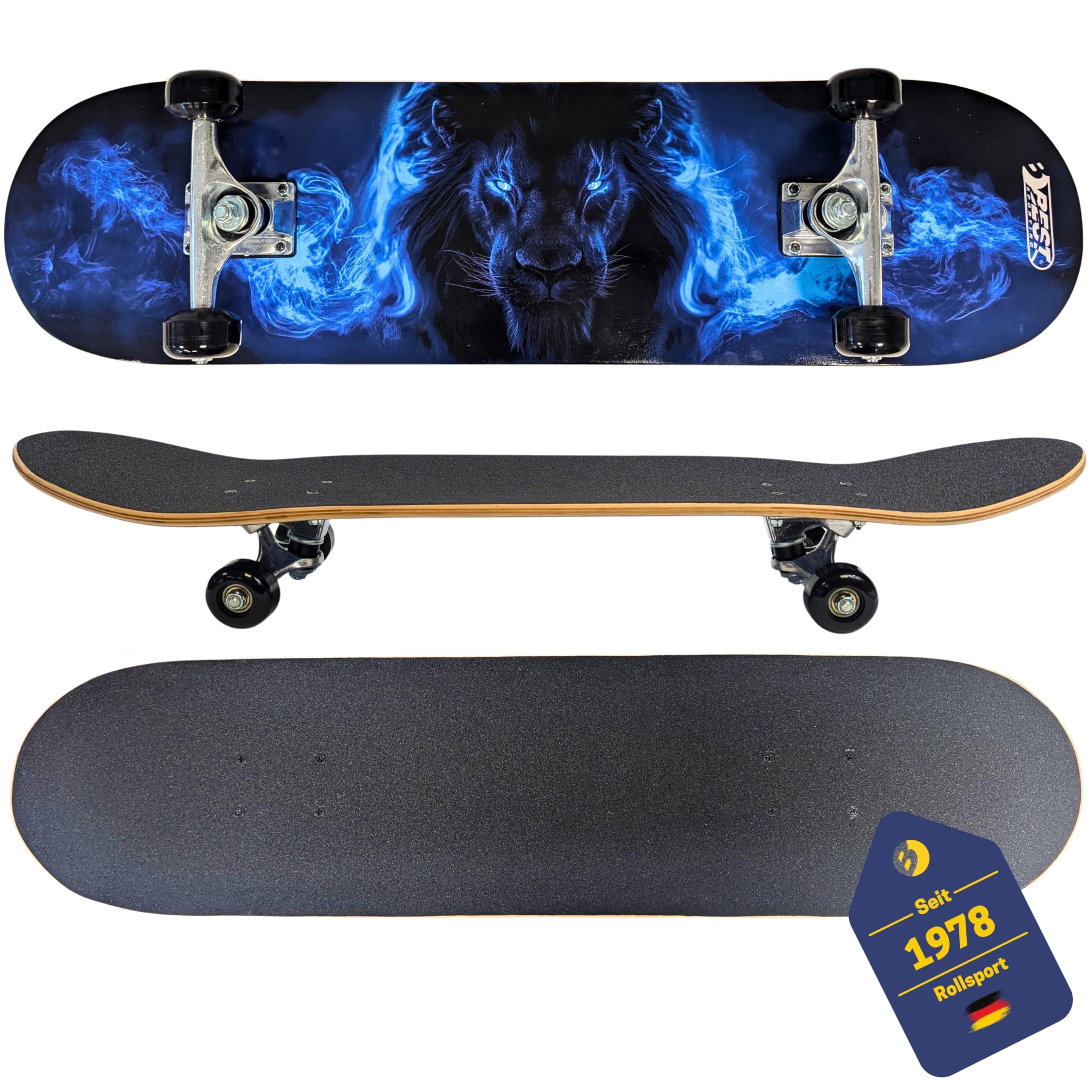BEST SPORTING Skateboard Lion - Planche en bois robuste et roulements ABEC 5 pour débutants et confirmés - Skateboard Lion