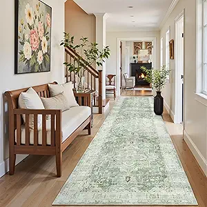 Madane Runner Rugs for Hallway 2x10 Long Washable Non-Slip Hallway Runner Rug Low-Pile Stair Kitchen Runner Soft Throw Carpet for Entrance Living Dining Laundry Room (Green/Ivory, 2 x 10)