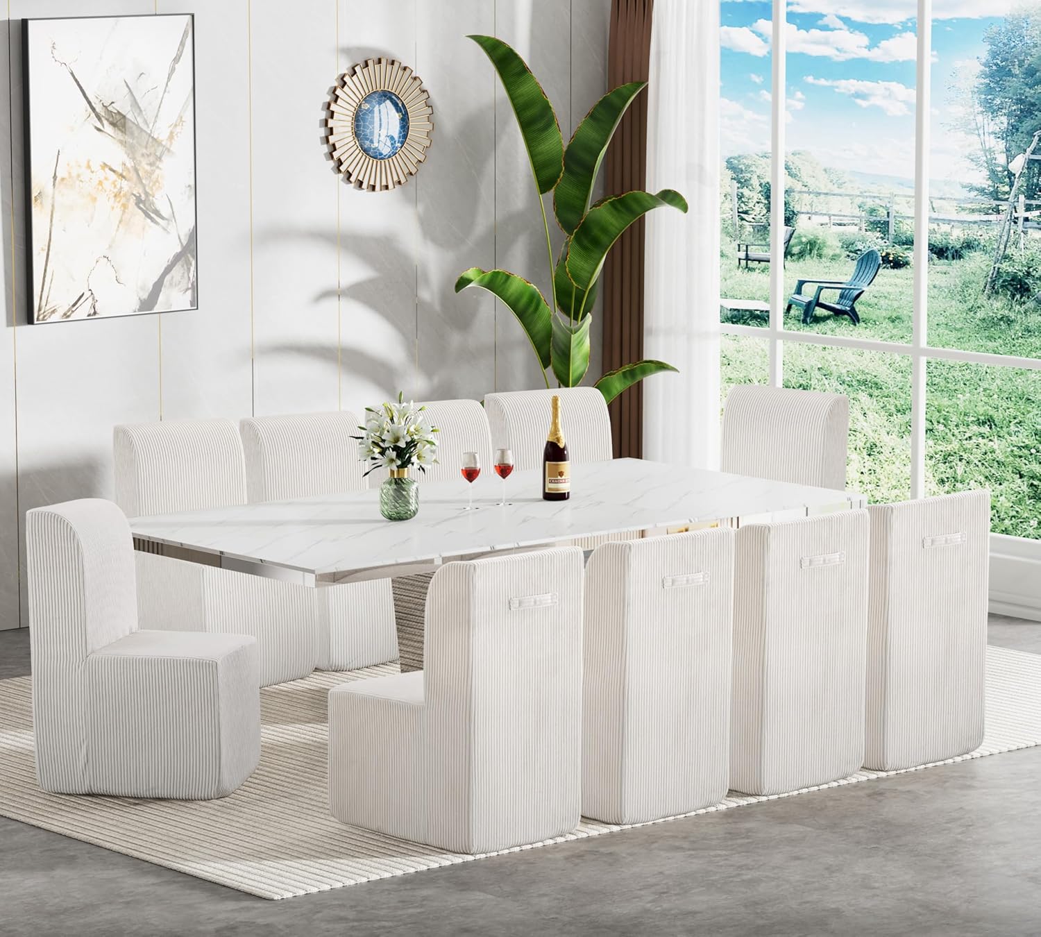 Modern Extendable Dining Table Set for 10, 94 inch White