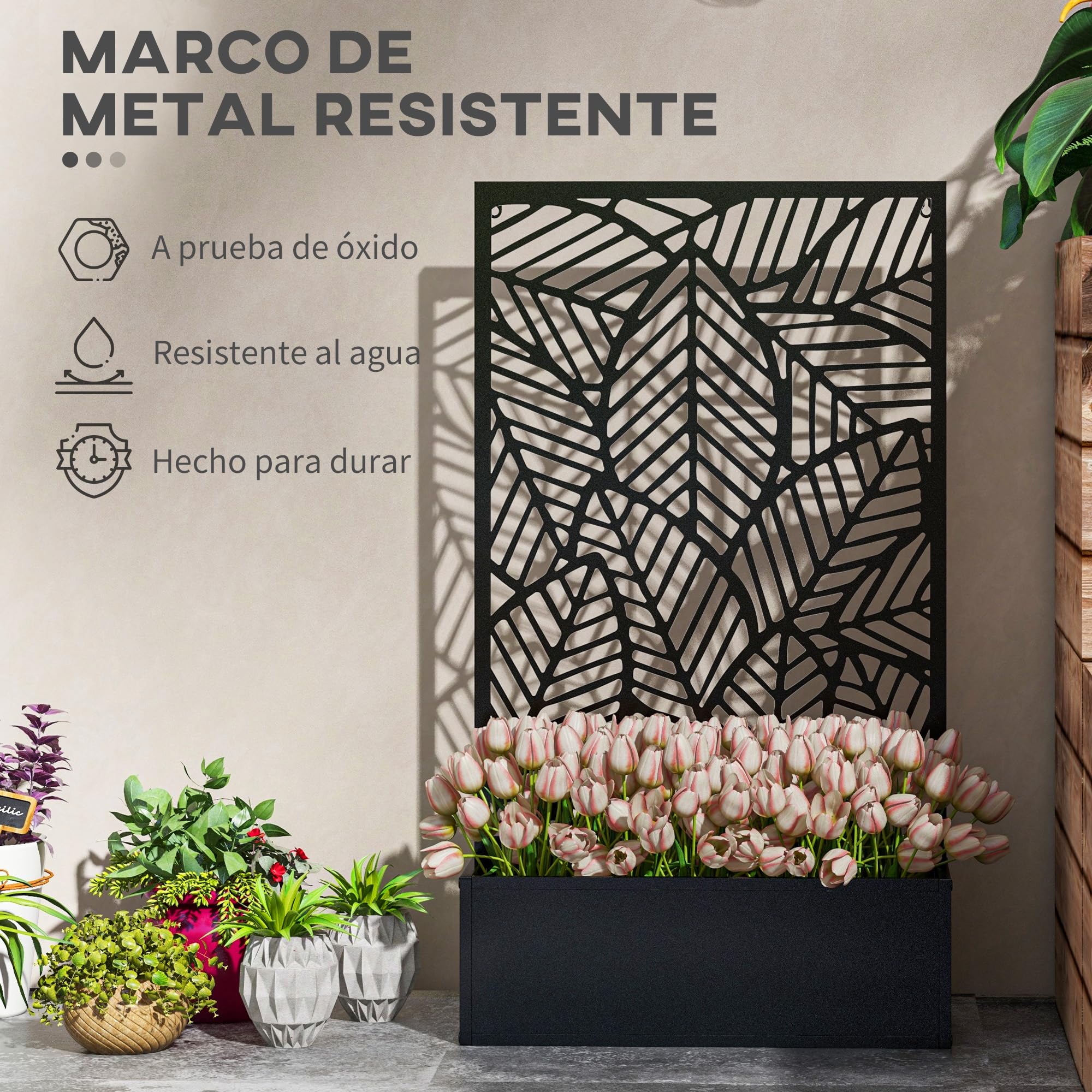 Outsunny Jardinera Exterior Grande de Metal Jardinera con Pantalla de Privacidad de Hojas Decorativas Jardinera de Pared o Independiente para Patio Terraza 61x23x113 cm Negro