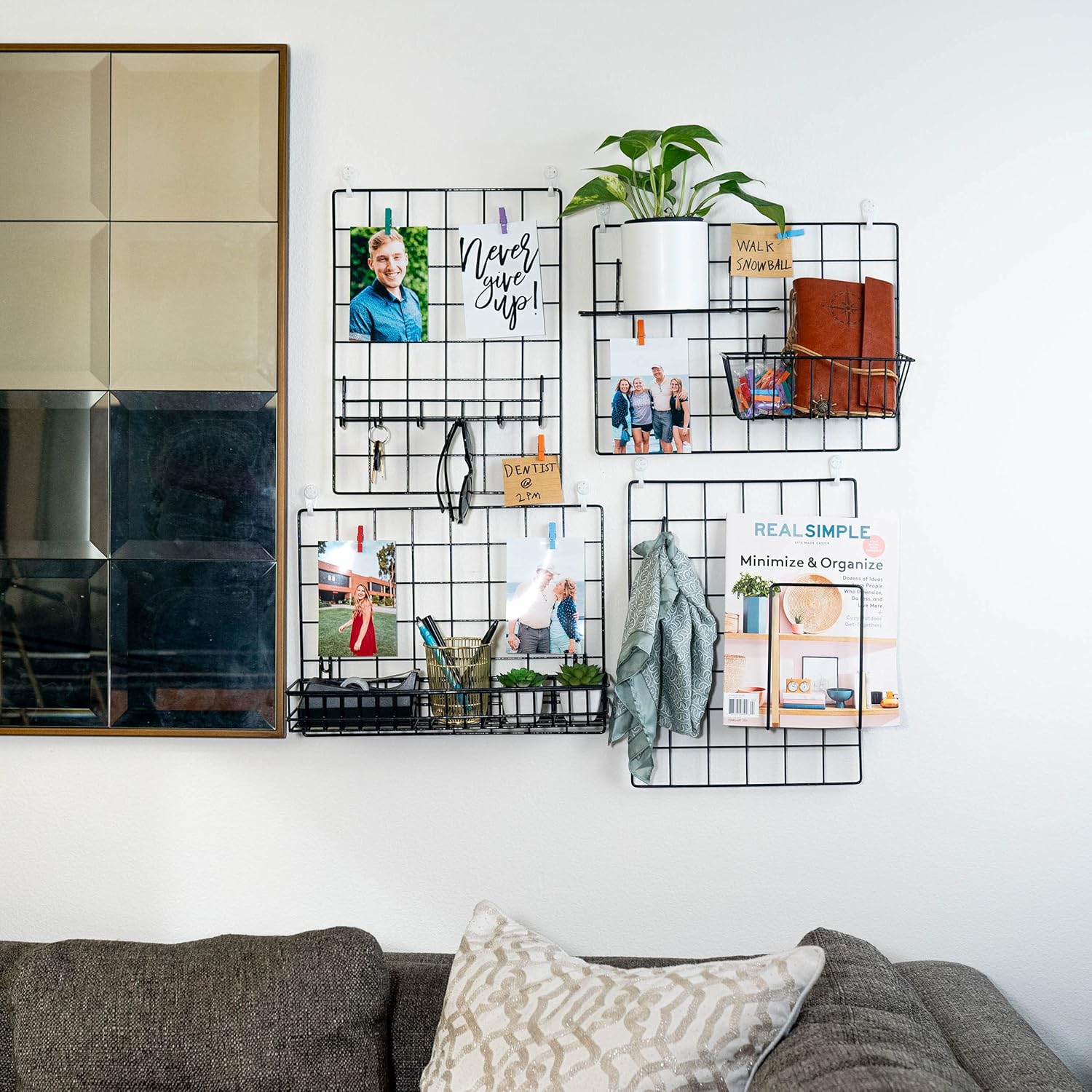 4 Pack Wire Wall Grid Panel With Accessories | Includes Hanging Baskets, Letter Sorter, Shelf & Hook Rack | Grid Wall Panels | Photo Grid | Hanging Home, Office & Kitchen Décor