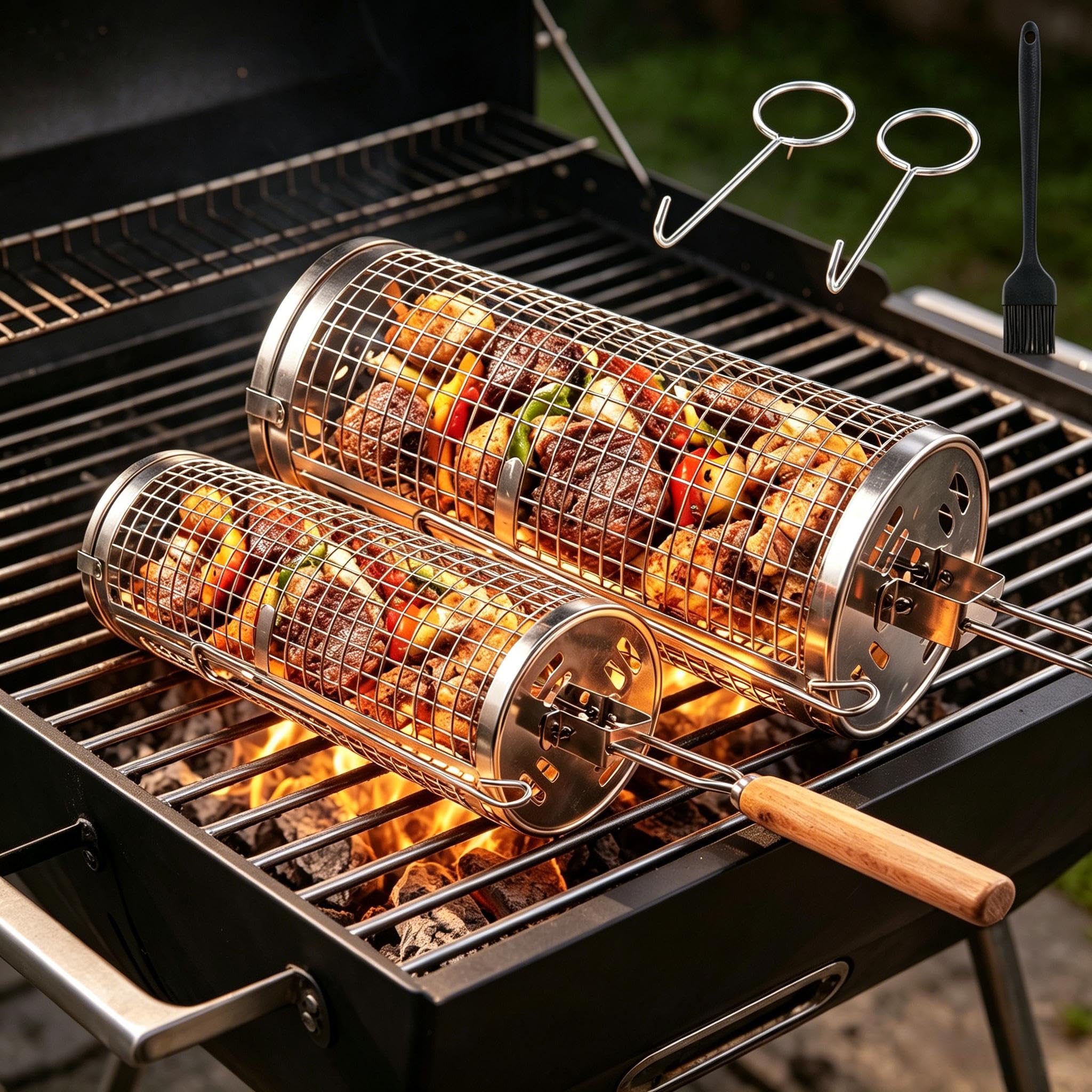 Panier à Barbecue Roulant,2 Paniers à Barbecue Emboîtables Poignée en Bois Détachable Double Accès Acier Inoxydable 304 avec Brosse à Huile Accessoire Cuisson Extérieur Camping Cadeau pour Homme Papa