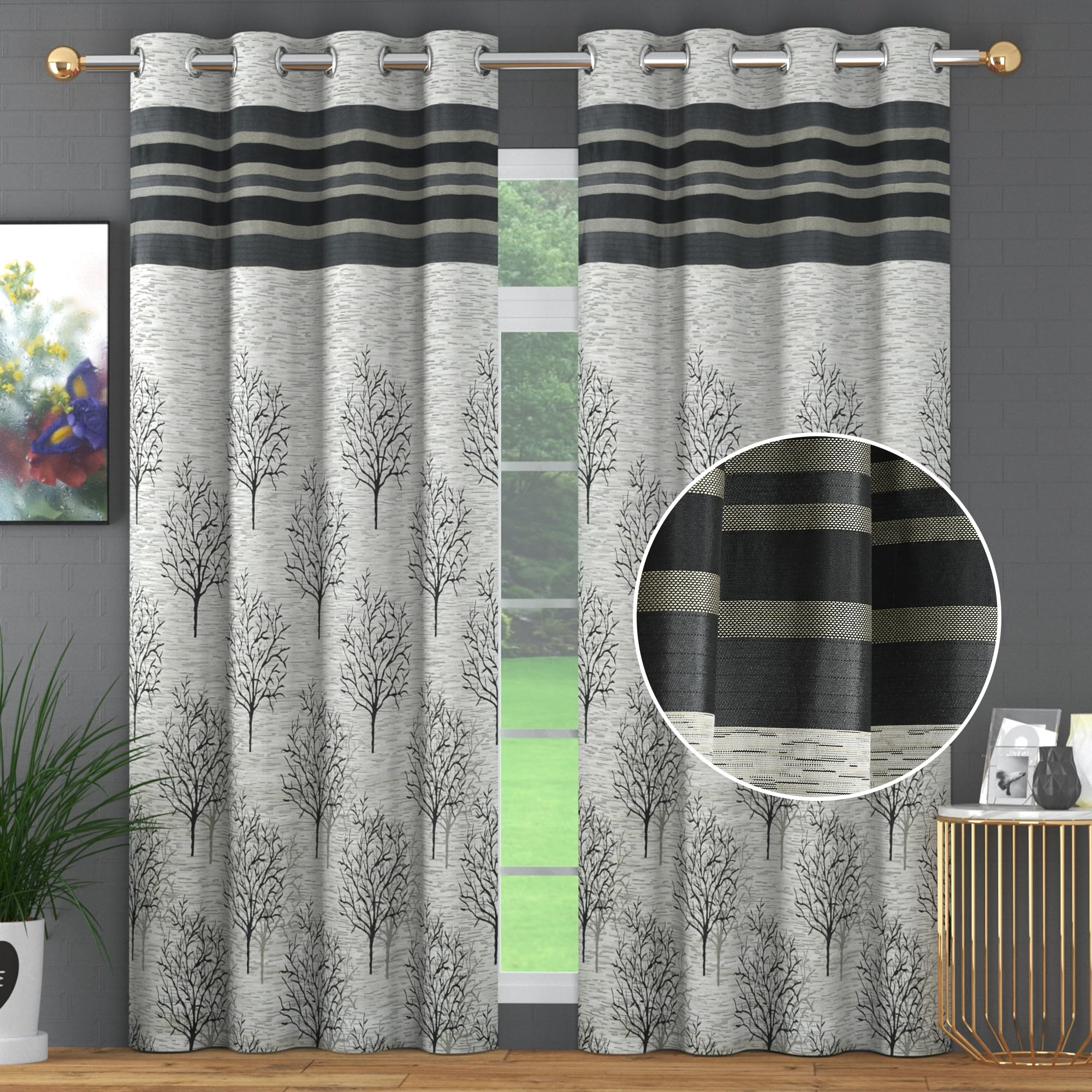 FRESH FROM LOOM Jute Premium Polyester Eyelets Ring Parde Screens Set of 2 Window Parda | Floral Room Darkening Curtains |7 Feet Long Curtains for Living Room Bedroom (Grey, 7ft, 2pc)
