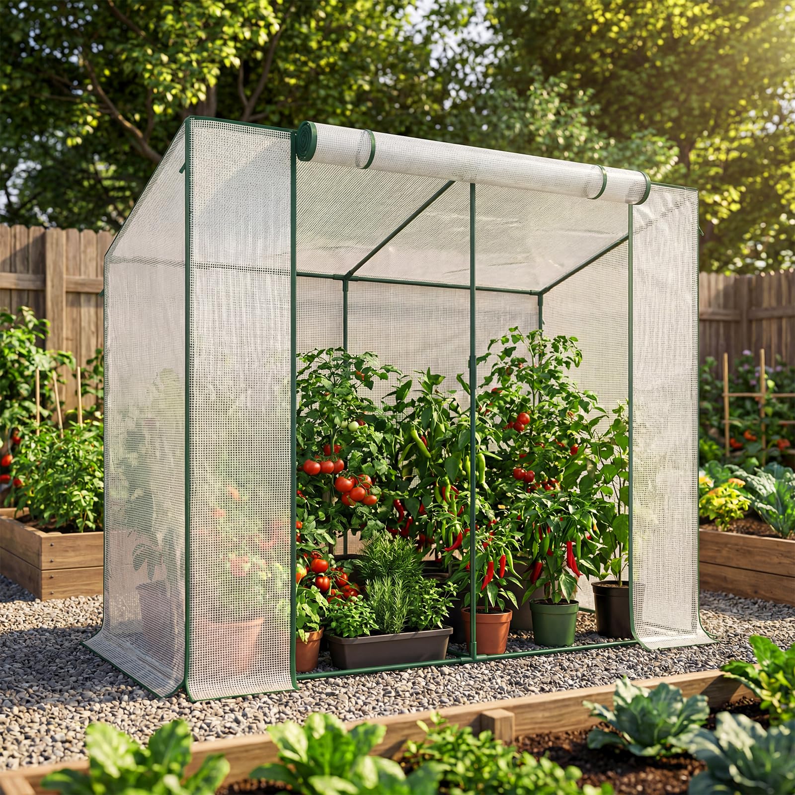 SUNYRISY Tomaten Gewächshaus Klein Foliengewächshaus 200x100x170 cm, Tomatenhaus Tomatenzelt mit Tomatendach, Greenhouse mit Rollentür und Windschutzseil für Balkon Outdoor, Weiß