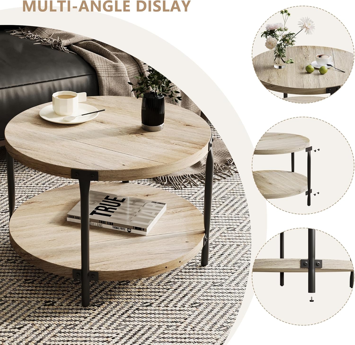 Wooden Coffee Table, 2 Tier Round Tea Table with Storage Shelf & Metal Frame, Accent Center Table for Living Room, Apartment, Small Space, Natural