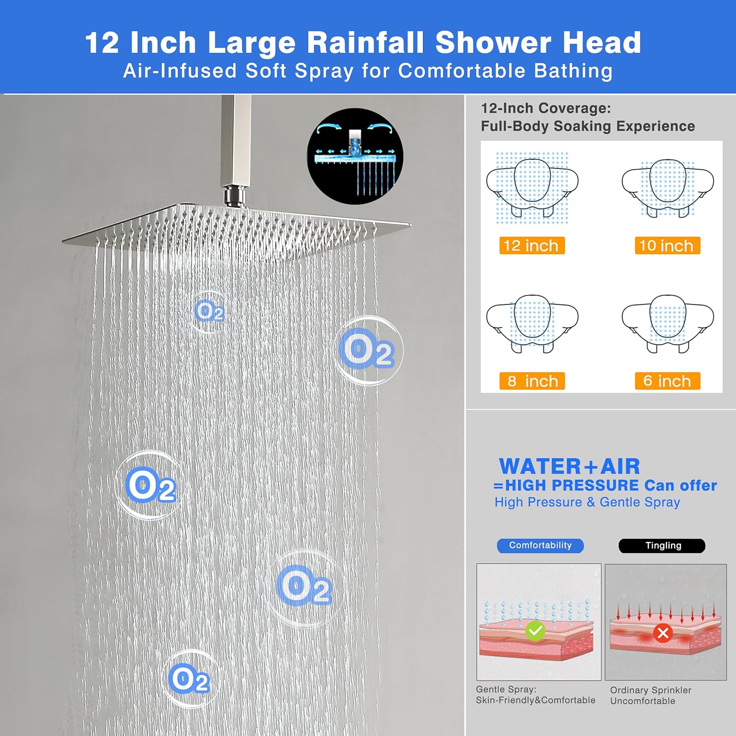 Digital Temperature Display Ceiling Shower System, Push Button Diverter with Pressure Balance Valve, 12” & 6” Dual Rainfall Shower Heads, 2-in-1 Metal Handheld Shower Set, Brushed Nickel