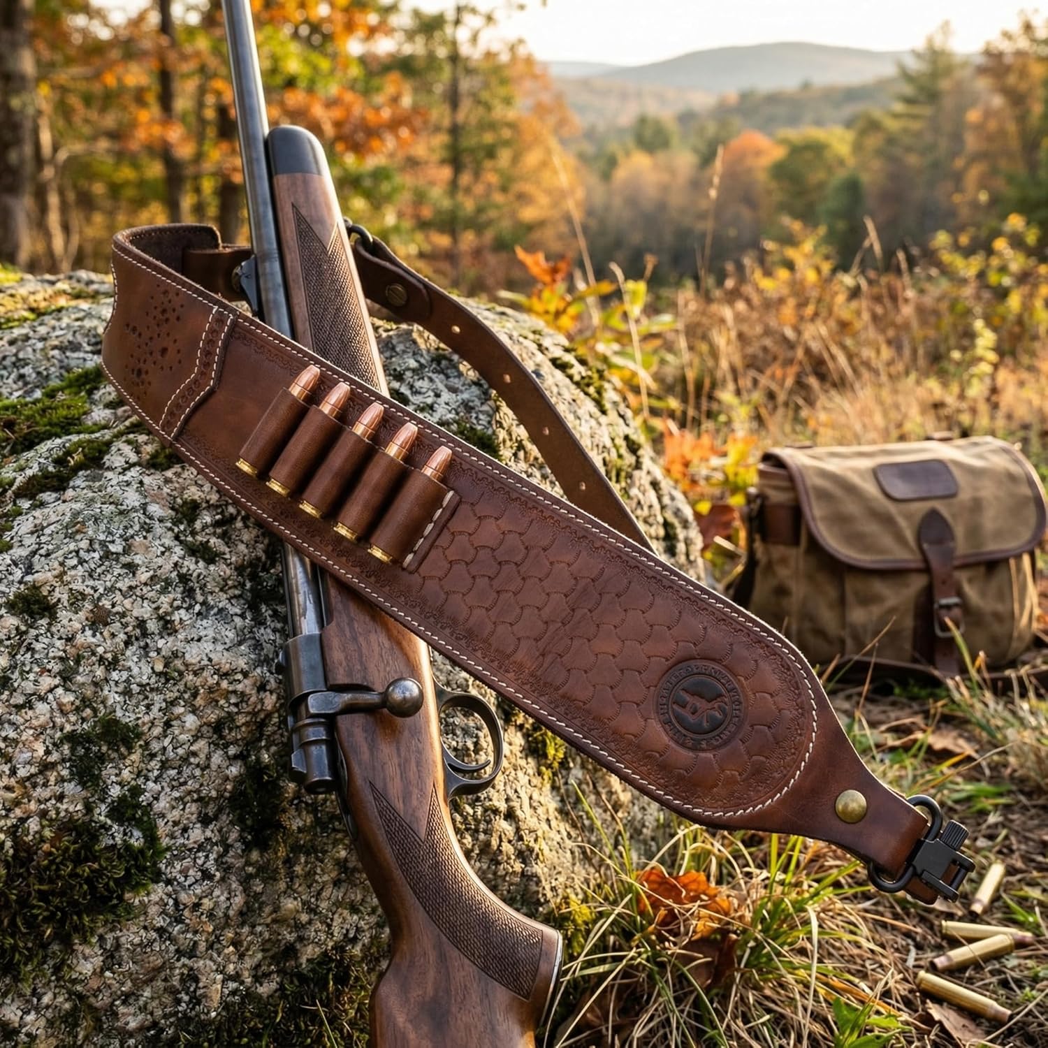 TOURBON Vintage Leather Ammo Holder Rifle Sling Adjustable Hunting Gun Strap with Swivels