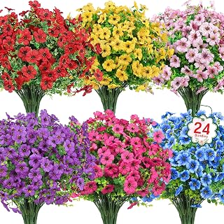 Ouddy Decor 24 Pack UV Resistant Artificial Flowers for Outdoors - Realistic Fake Silk Plants for Garden Porch Vase Mixed Colors