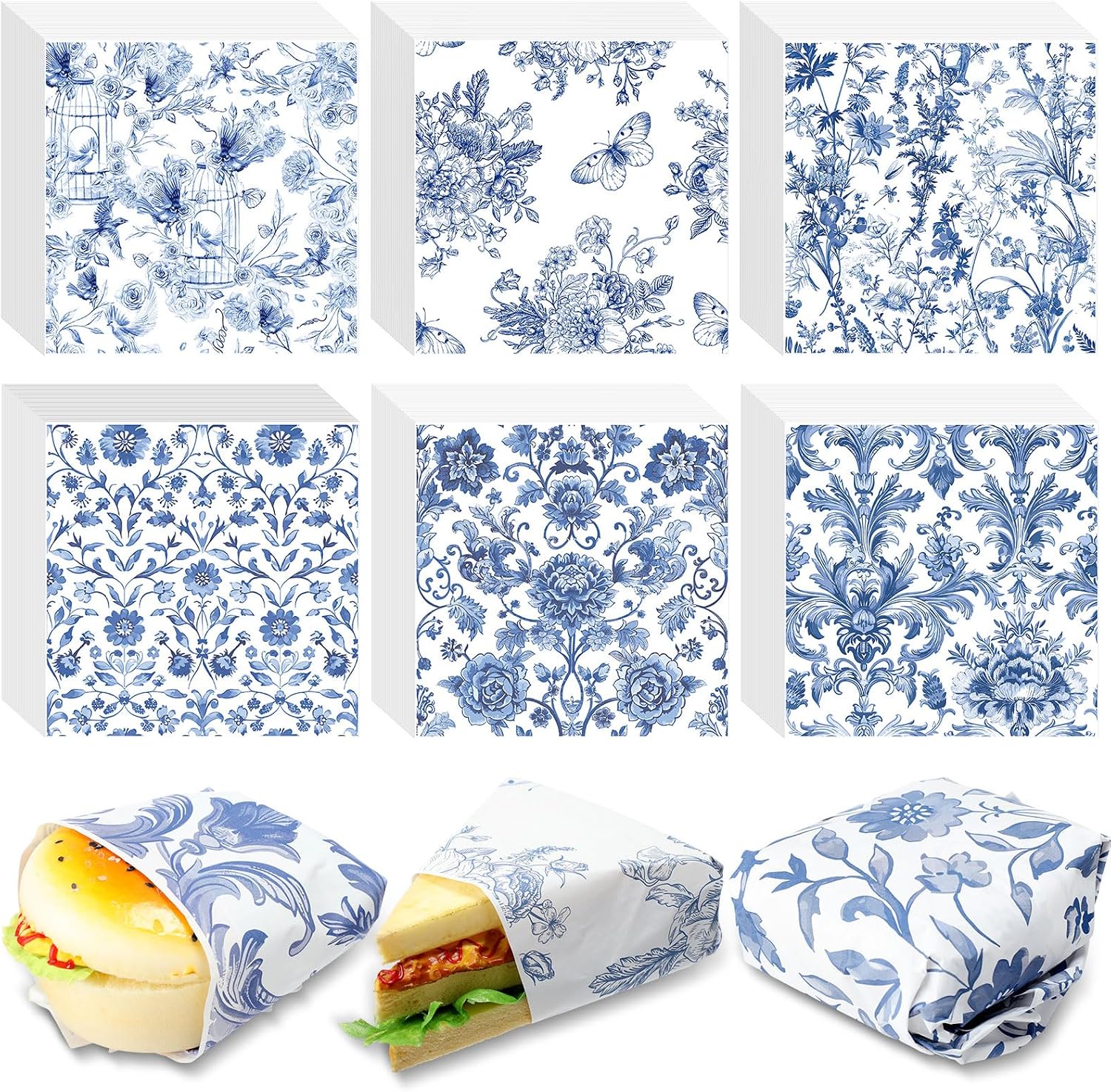Affrolling 600 Pcs Wax Paper Sheets for Food Blue Floral Chinoiserie Bird Deli Paper Vintage Sandwich Burger Parchment Wrapper Food Basket Liner Wax Sheets for Picnic Party Supplies Kitchen, 6 Styles