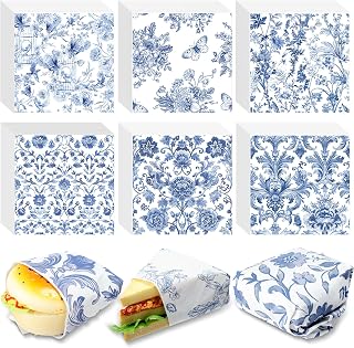 600 Pcs Wax Paper Sheets for Food Blue Floral Chinoiserie Bird Deli Paper Vintage Sandwich Burger Parchment Wrapper Food Basket Liner Wax Sheets for Picnic Party Supplies Kitchen, 6 Styles