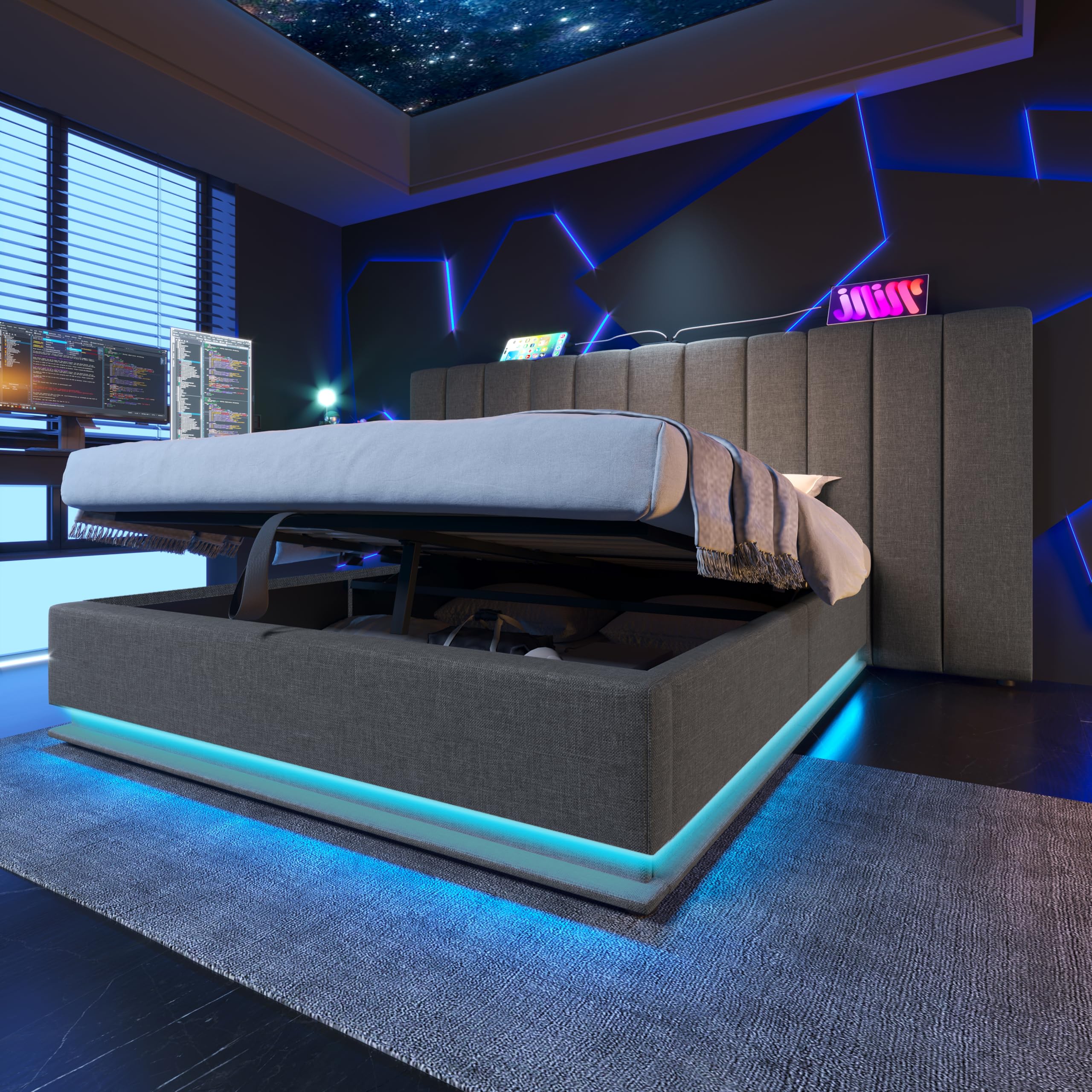 Kebnor Letto imbottito matrimoniale con App Control LED e ricarica USB-C, struttura rete a doghe (grigio lino, 160x200 cm)