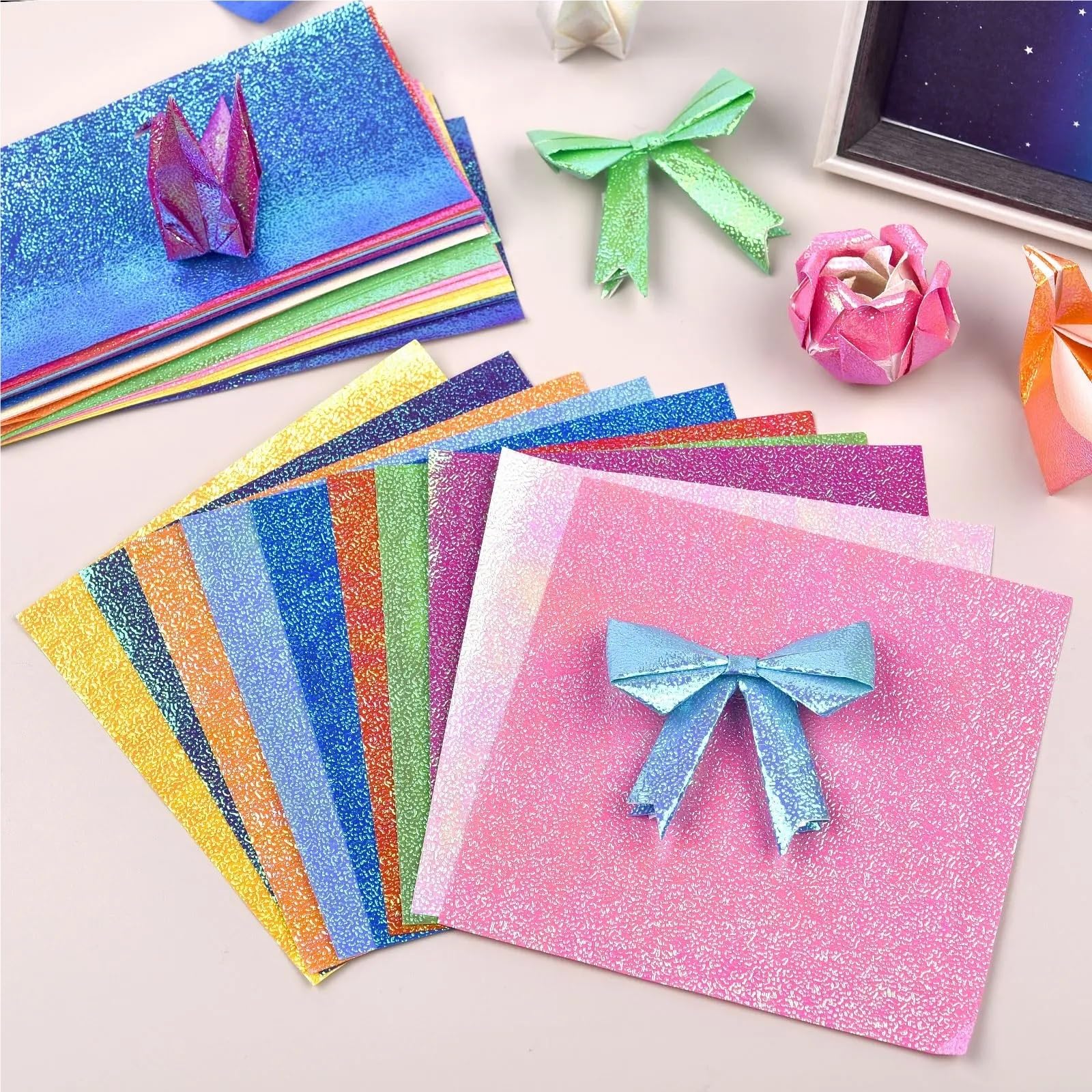 100 Stück Mix Perlglanzpapier Buntes Glitzer Origami Kinder Handgefertigte Materialien DIY Scrapbooking Faltbastelpapier Quadrat Für Handgefertigte Dekorationen(7x14cm)