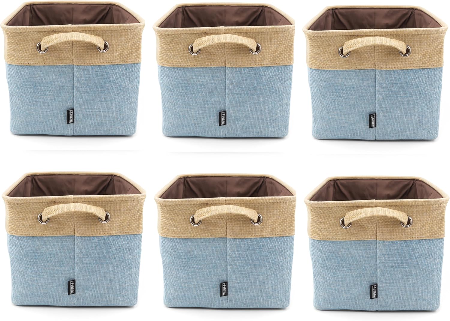 HYGGE + Linen Storage Bin Basket 15.8" x 12.5" x 10" Durable fabric & lightweight design. Great for storing toys, books, linens, games, clothing, baby products & more! (6 PACK, CREAM/LT BLUE)