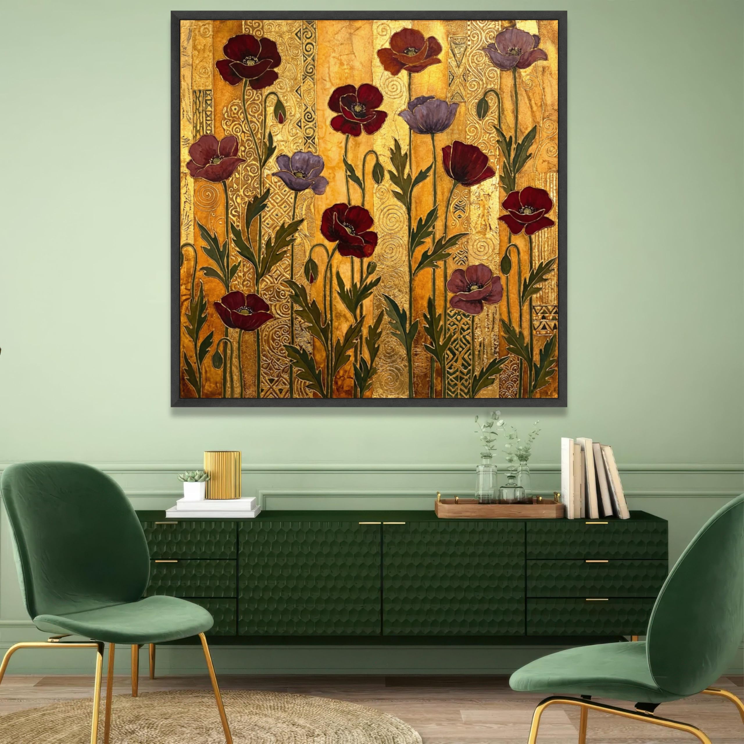 XINBAO Vintage kwiatowy obraz na płótnie, złoty mak, dekoracja botaniczna, luksusowy wystrój domu, plakaty i druki gotowe do zawieszenia (55 x 55 cm/rama wewnętrzna)