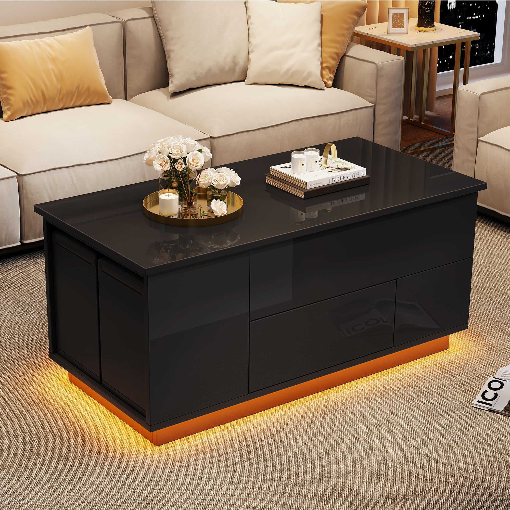 Kebnor Mesa de centro 4 en 1, mesa de sofá ajustable con LED, mesa de café con 2 cajones, mesa brillante con sofá y 2 taburetes, mesa auxiliar con espacio de almacenamiento oculto, capacidad de carga