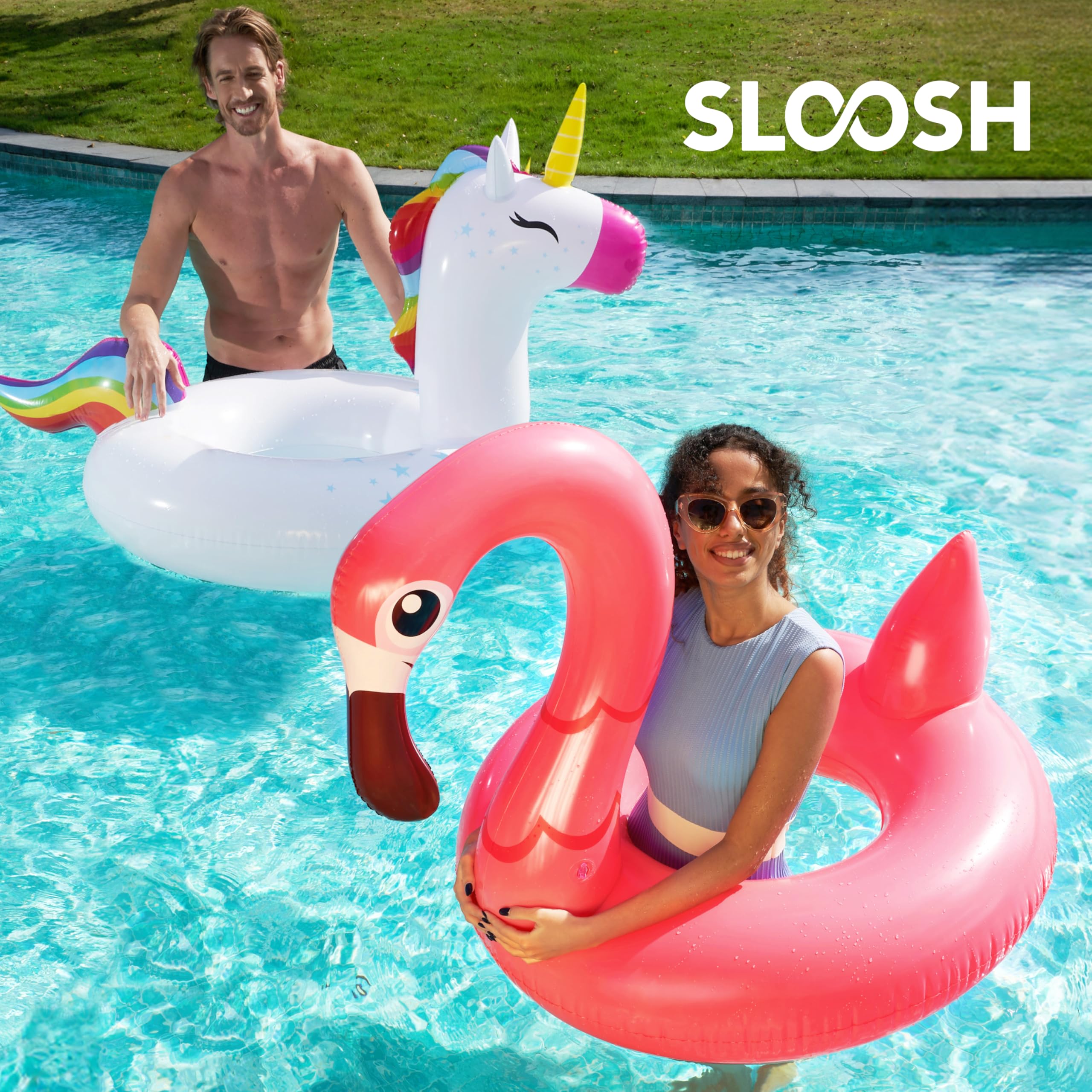 SLOOSH Flotadores de Piscina Unicorn Flamingo - Paquete de 2 flotadores inflables con reposacabezas, Ideales para niños, Playa, Lago, Piscina de Verano, Fiestas, Decoraciones para Adultos y niños