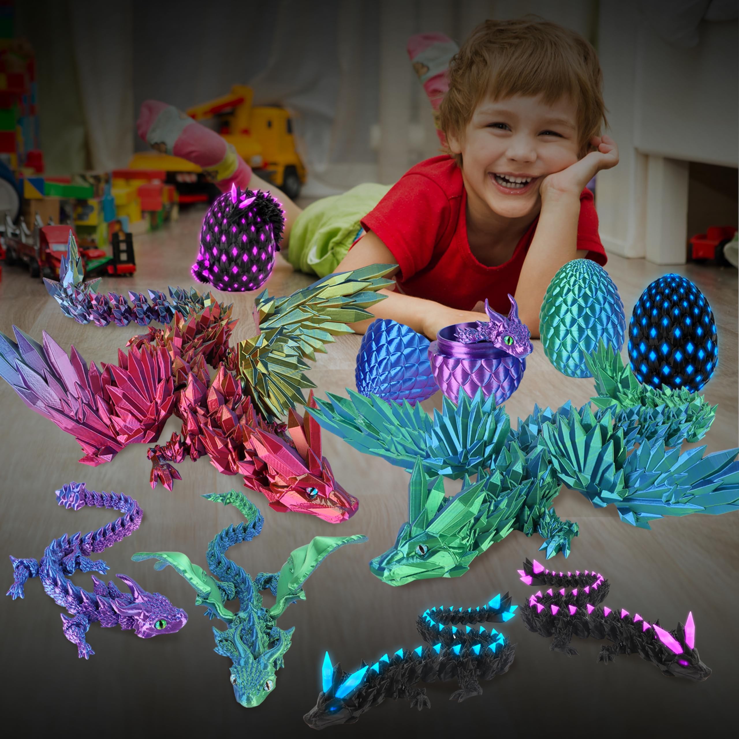 JONRRYIN Uovo Di Drago Stampato in 3D, Drago in Uovo Fluorescente, Giocattolo di Drago, Realistico Drago Giocattolo, Drago Articolato e Giunti Flessibili, Giocattoli da Scrivania