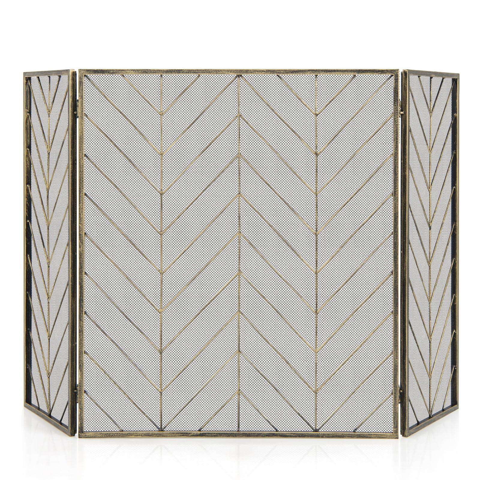 GIANTEX Écran de Cheminée à 3 Panneaux, Pare-étincelles Pare-feu Cheminée Pliable en Fer & Charnières Flexibles, Clôture de Cheminée Grille de Protection Cadre en Métal, pour Salon, Chambre (Bronzé)