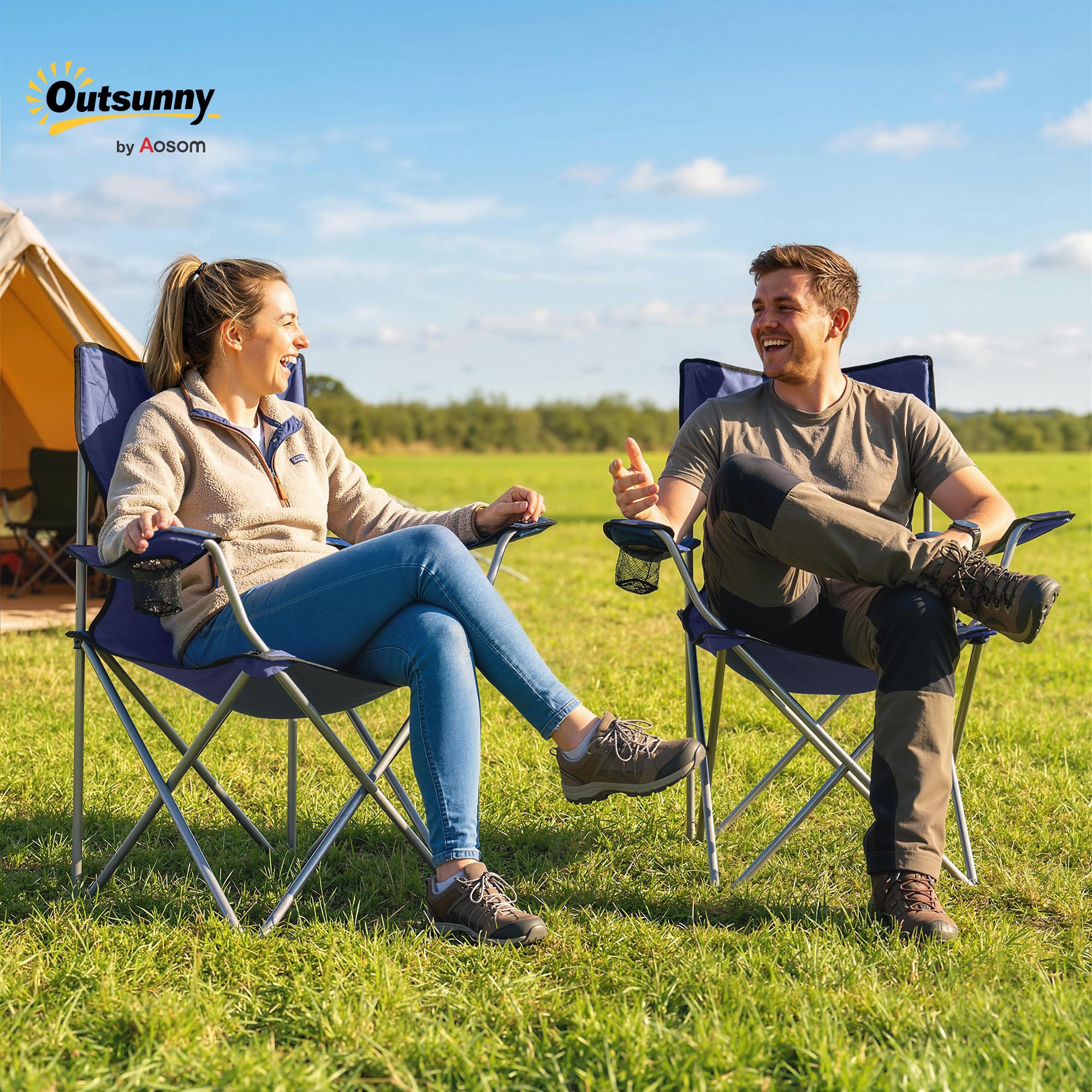Outsunny Lot de 2 Chaises de Camping Pliantes, avec Porte-Gobelet, Sac de Transport, Accoudoirs et Dossier Haut, Chaise Pliante Camping pour Jardin Pêche, Charge 120 kg, Bleu Foncé