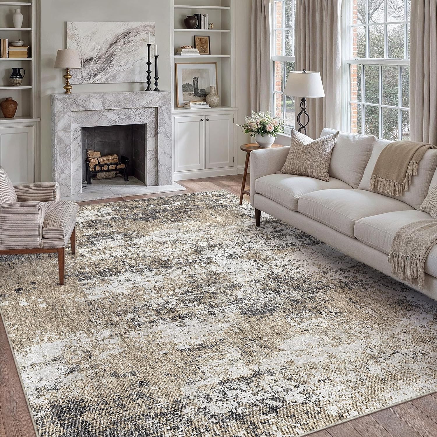8x10 Abstract Area Rug—Brown, Non-Slip, Ultra Soft