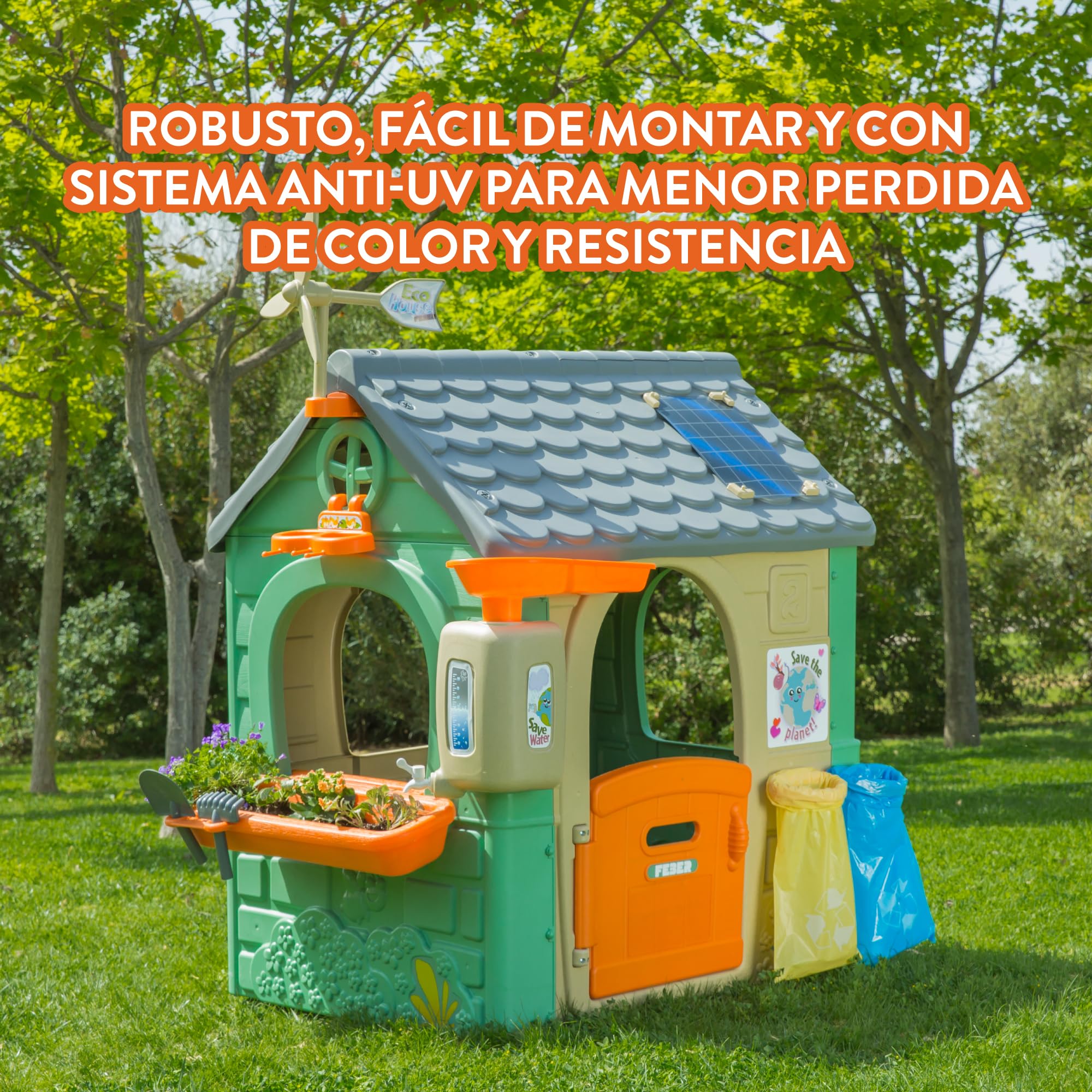 FEBER - Recycle Eco House, domek dziecięcy wykonany z tworzywa sztucznego z recyklingu, drzwi składane, jasne i odporne na światło słoneczne kolory, łatwy montaż, od 3 lat, słynny (FEH26000)
