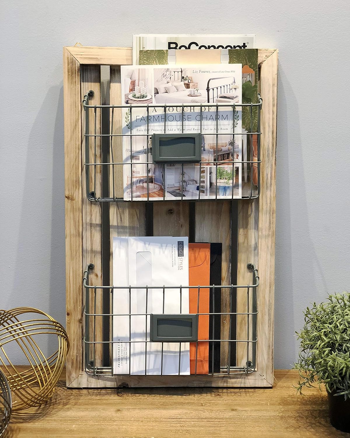 Designstyles Two Tier Magazine Holder – Wall Mounted Rack with Durable Wooden Frame and Pewter Colored Metal Baskets – Organizes Files, Books, Letters, and Folders