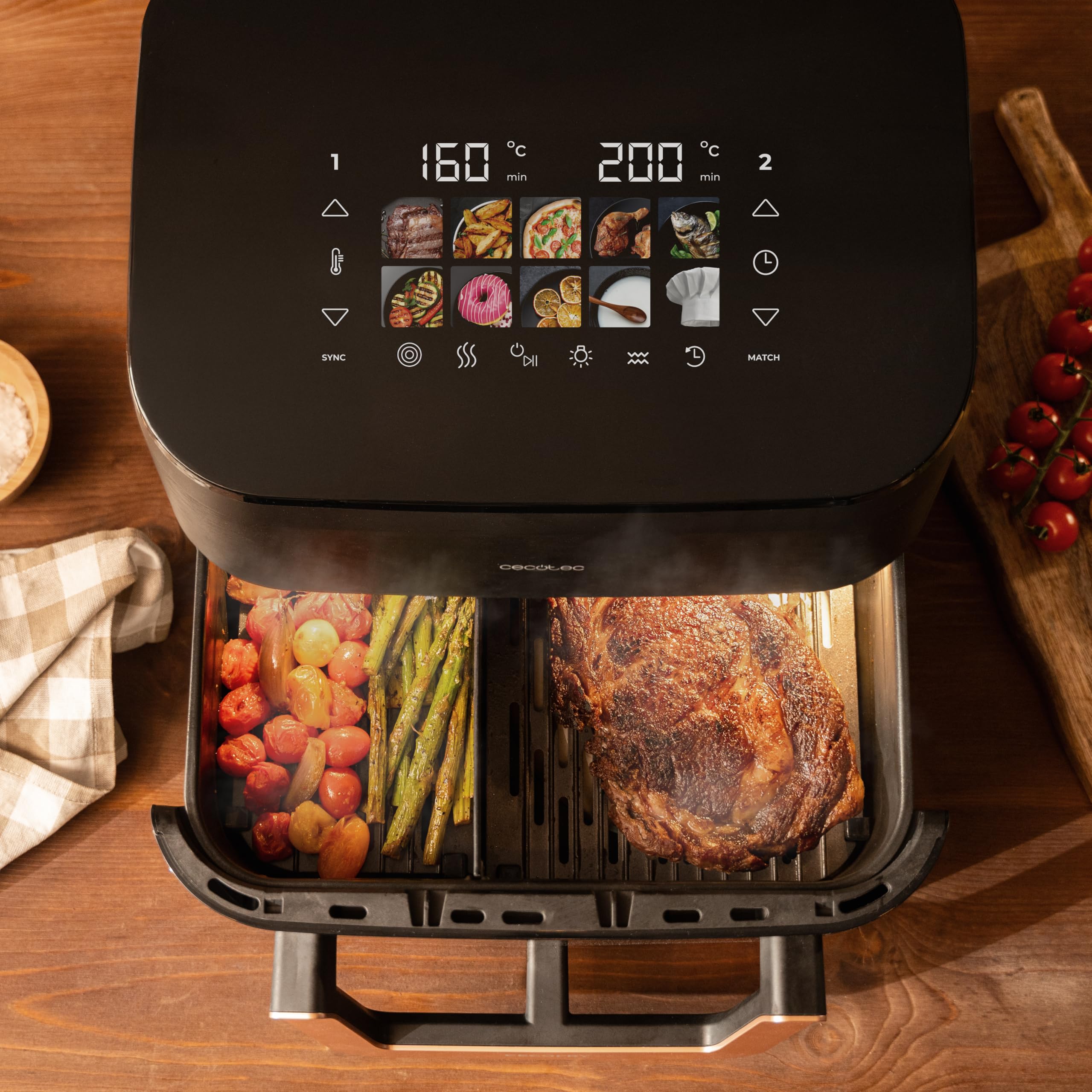 Cecotec Friggitrice ad Aria 11L con triplo Grill e Affumicatore Cecofry&Grill Smokin' 11000 Plus. 2900 W, 200º máx, Grill Superiore e Inferiore, Doratura Perfetta, Gusto Griglia, Parete Divisoria