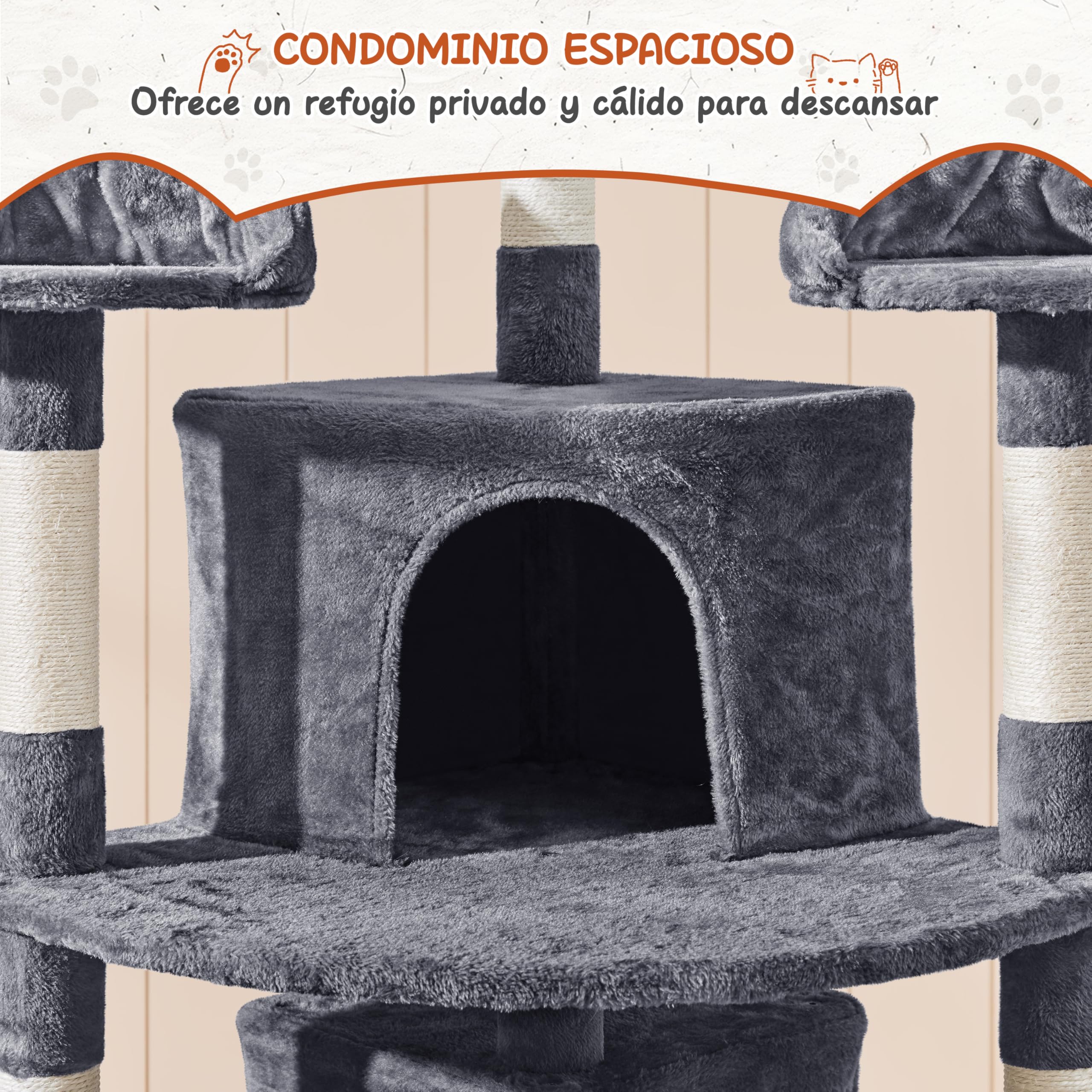 Yaheetech Árbol Rascador para Gatos Torre Escalador para 1-3 Gatos Medianos Rascador Postes con Plataforma 55,5x55,5x194 cm Gris Oscuro