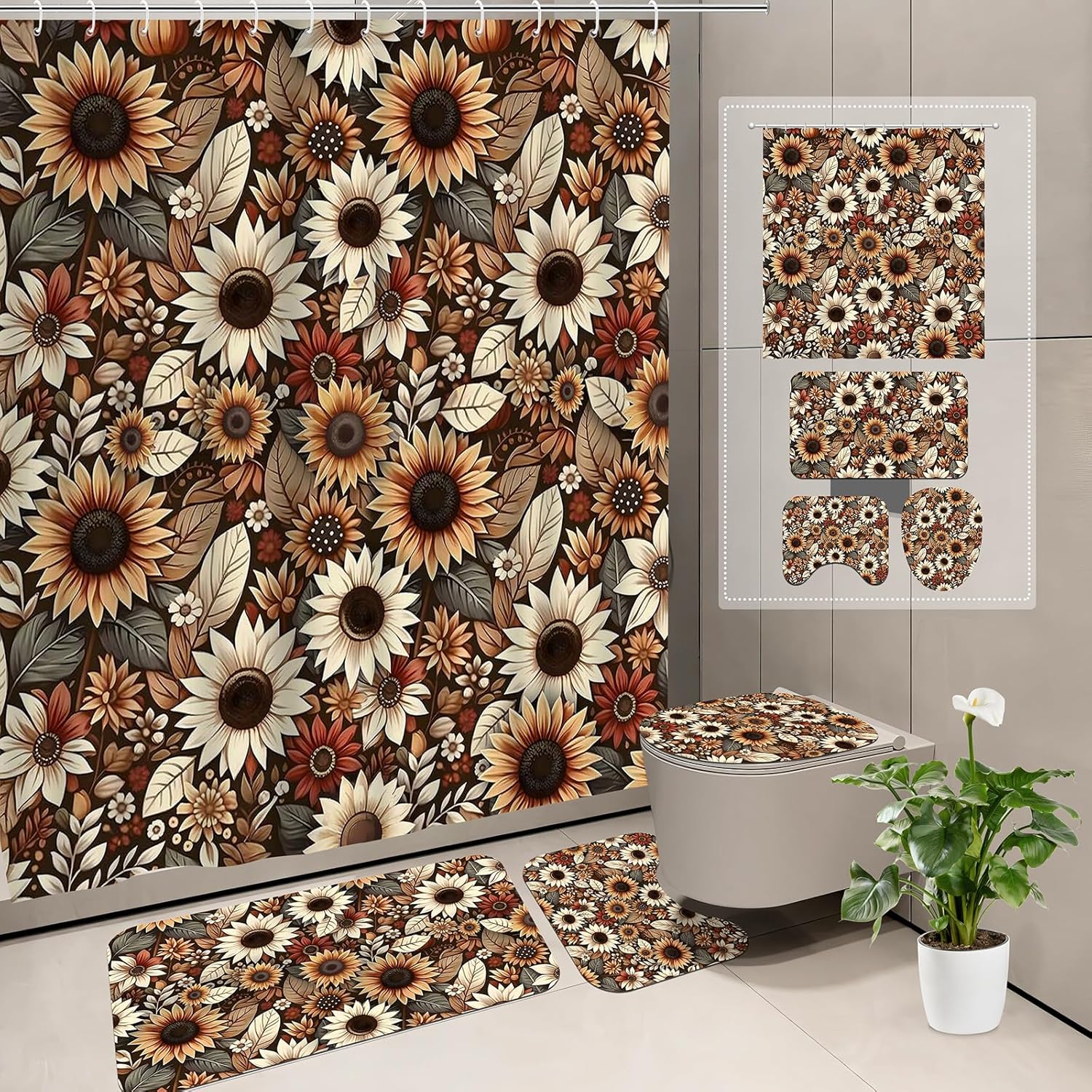 Aperturee 72x72 Inch Sunflower Shower Curtain Set 4PCS - Rustic Brown Floral Bathroom Decor with Non-Slip Rugs & 12 Hooks