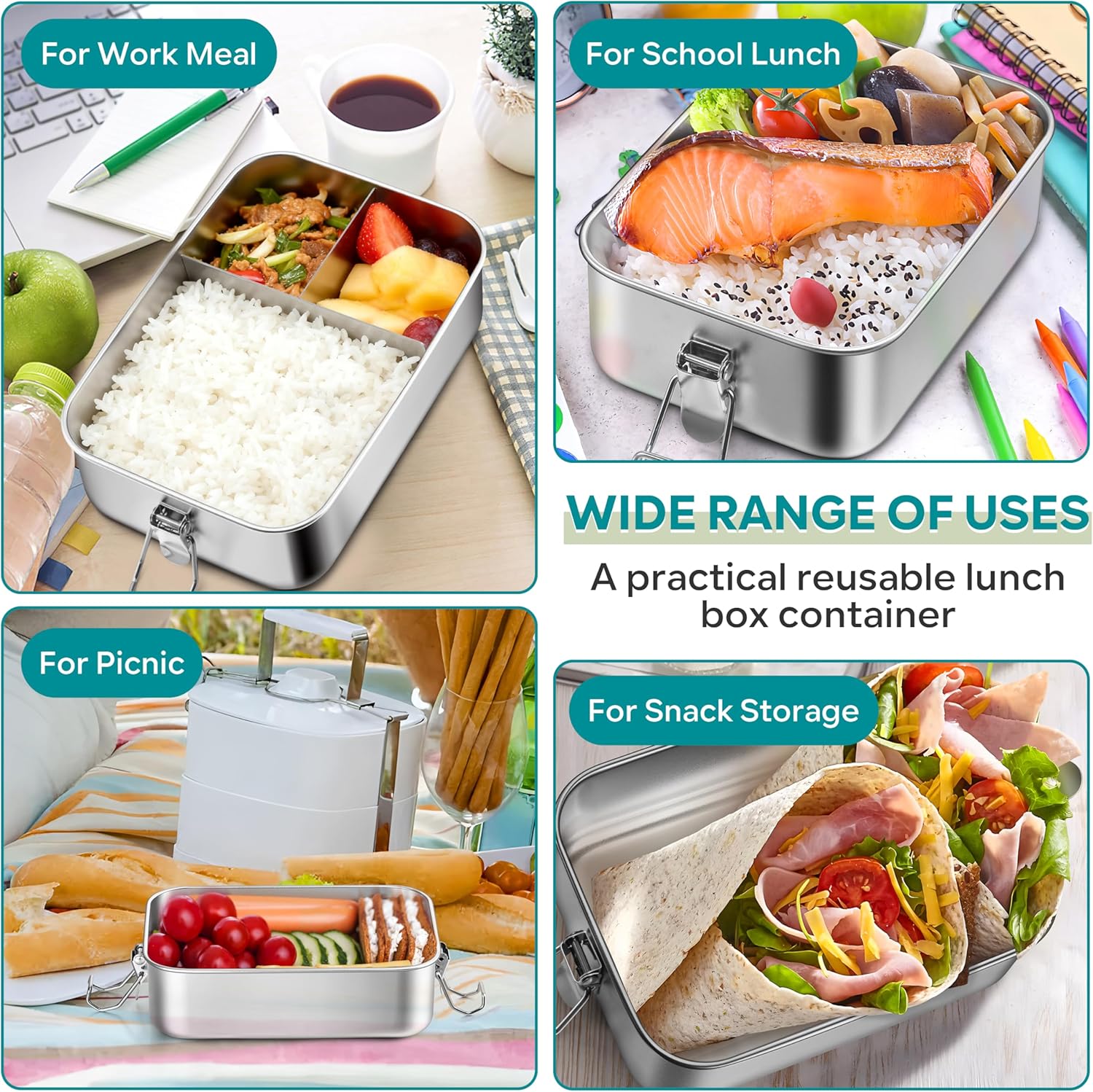 HaWare Stainless Steel Bento Box, 47oz (1400ml) Leak-Proof Lunch Box for Kids Adults, 3 Compartments Food Containers with Removable Dividers and Bag, Metal Lunch Containers for Snack Meal Sandwich - Image 6