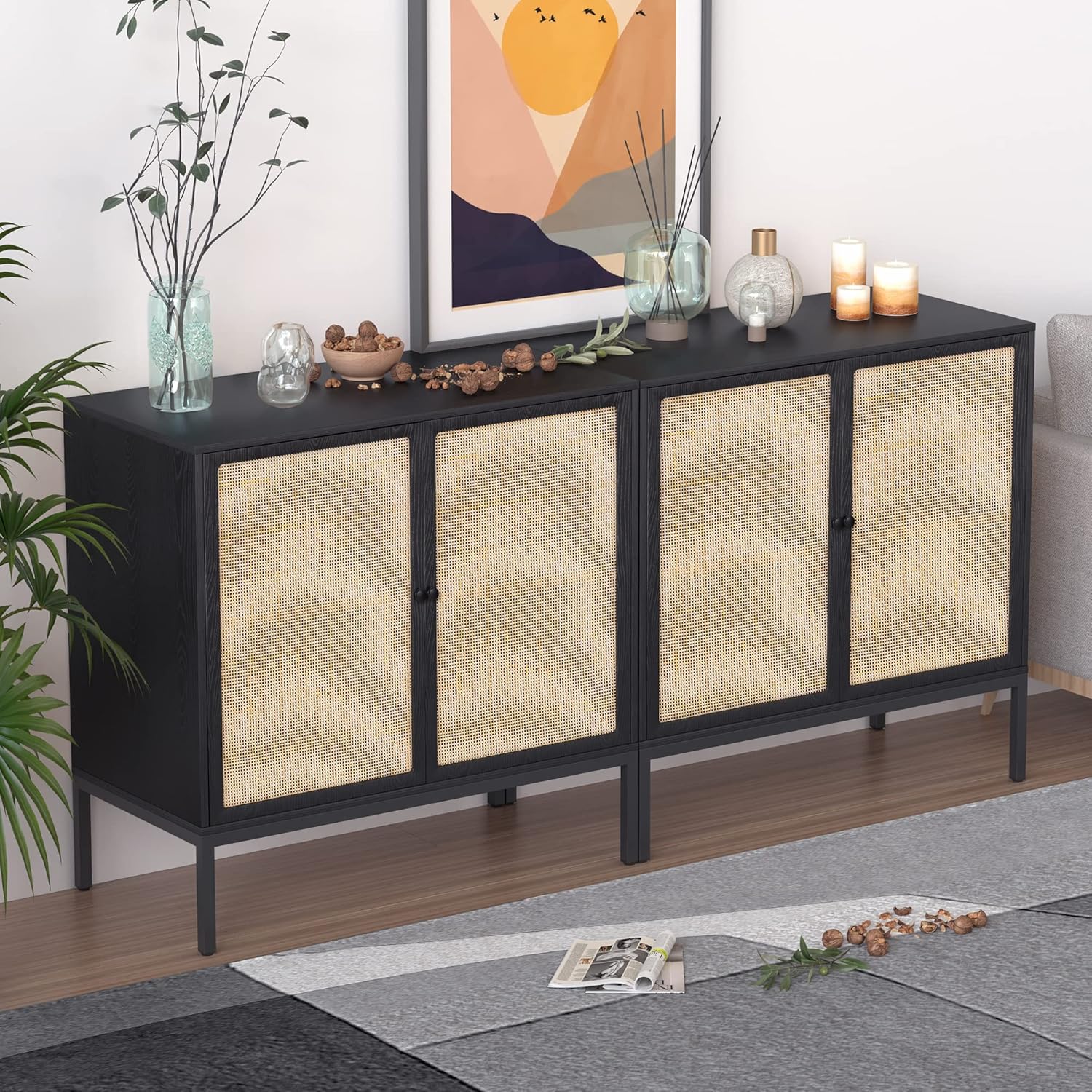 XIAO WEI Sideboard Buffet Cabinet with 2 Natural Rattan Decorated Doors, 31.5" W Accent Rattan Cabinet, Boho Credenza Storage Cabinet, for Living Room Dining Room Hallway, Metal Legs, Black(2 PCS)