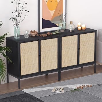 XIAO WEI Sideboard Buffet Cabinet with 2 Natural Rattan Decorated Doors, 31.5" W Accent Rattan Cabinet, Boho Credenza Storage Cabinet, for Living Room Dining Room Hallway, Metal Legs, Black2 PCS