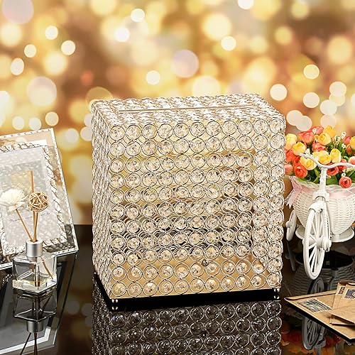 Miniatura 8 de ELLDOO Caja de tarjetas de boda de cristal, caja de tarjetas de dinero rectangular, regalo dorado para recepciones de boda, decoración de centro de