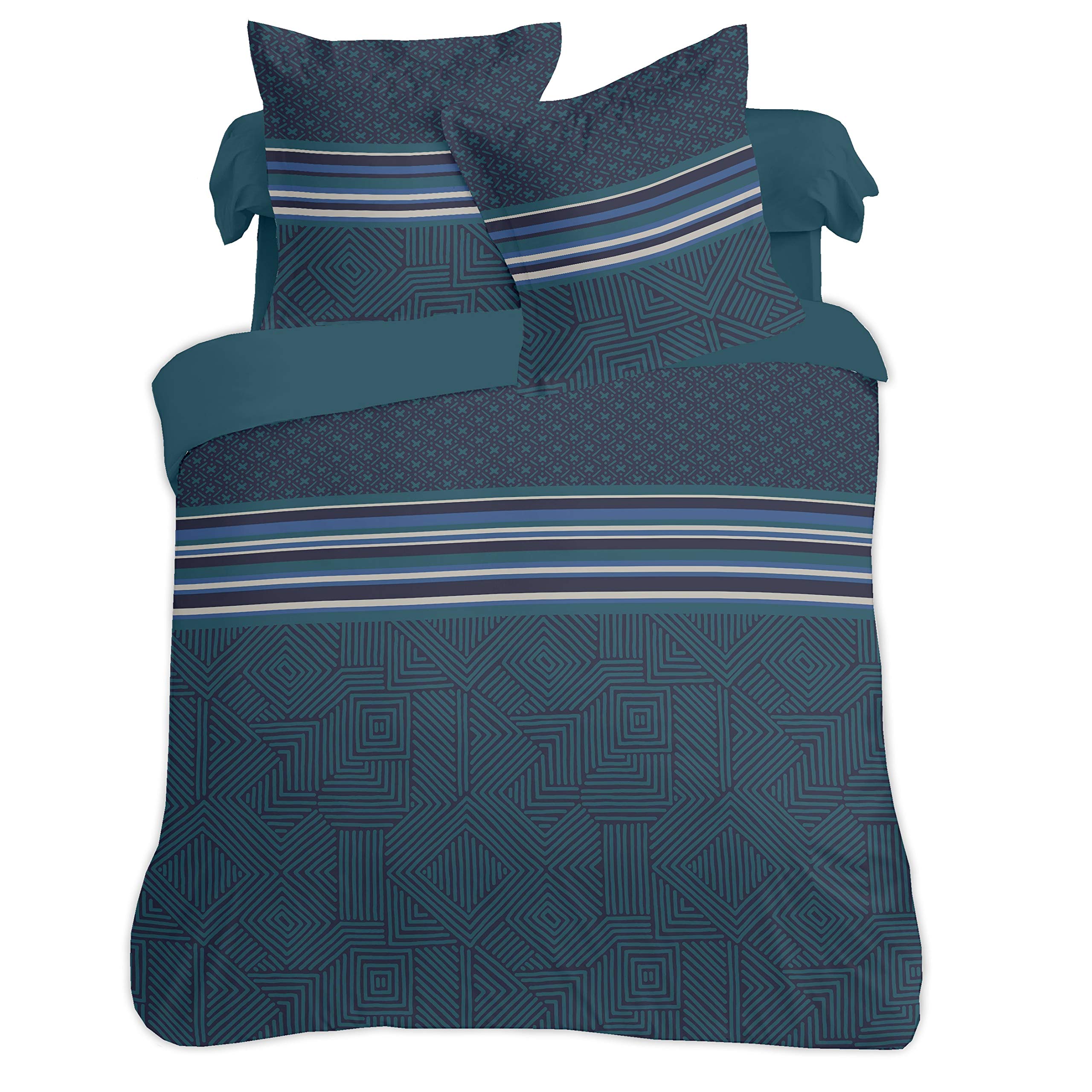 Vision - Parure de lit Marco - 100% Coton - Bleu/Vert - Set de Housse de Couette 260x240 cm avec 2 taies d'oreiller pour lit Kingsize 2 Personnes - Fibres Naturelles - Certifié Oeko-Tex