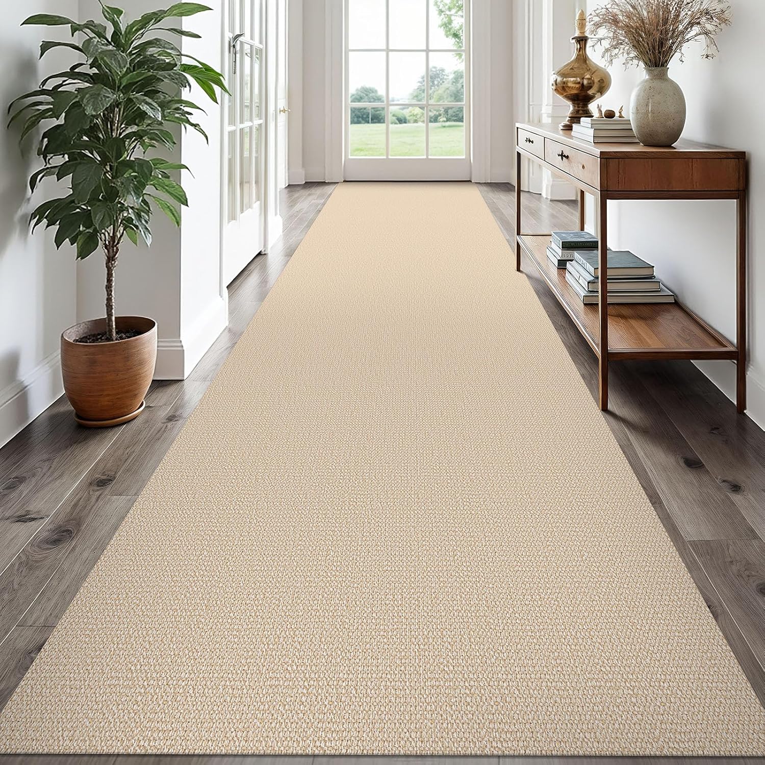 EARTHALL Extra Long Runner Rug 3x18 Ft Washable Runners for Hallways Cotton Non Slip Entryway Runner Braided Kitchen Runner Indoor Outdoor Carpet Runners for Hotels, Officel, Stair, Golden Beige/White