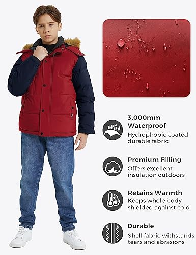 Miniatura 4 de wantdo Abrigo de invierno cálido para niños, chaqueta acolchada de forro polar resistente al agua, chaquetas con capucha extraíble