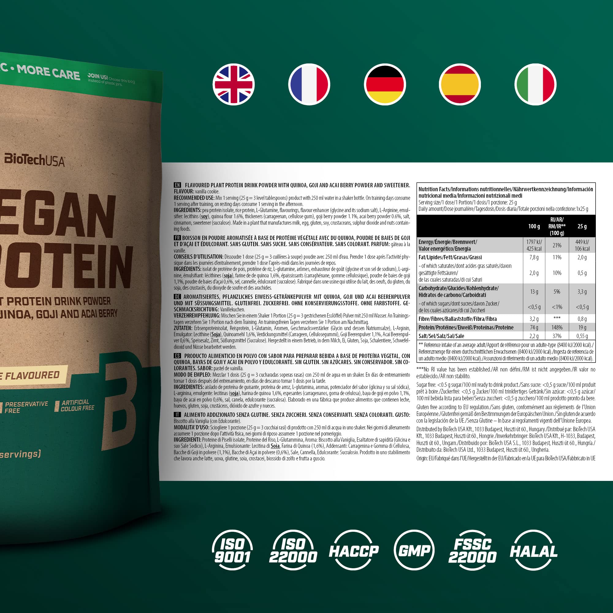 BioTechUSA Vegan Protein | Batido a base de arroz y guisantes con superalimentos y aminoácidos | Sin azúcar, lactosa ni gluten, 500 g, Pastel de vainilla