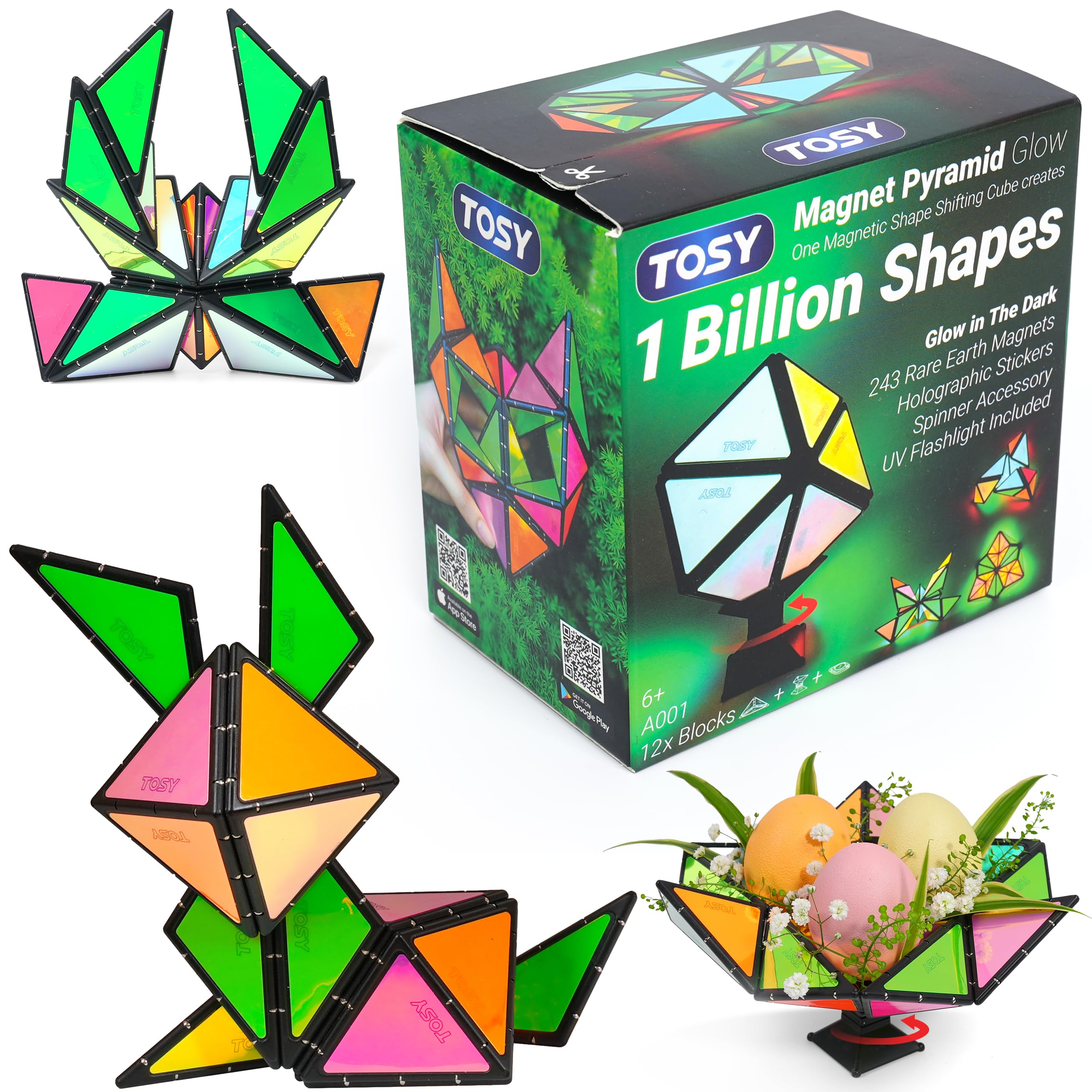 TOSY Magnet Pyramid Glow - 1 Cube Transforms into 1 Billion Shapes (Bunny, Egg Basket, Flowers, Heart), Easter Birthday Gift, 12 pcs, 243 Magnets, Glowing, Holographic Design, Puzzle/STEM Toy