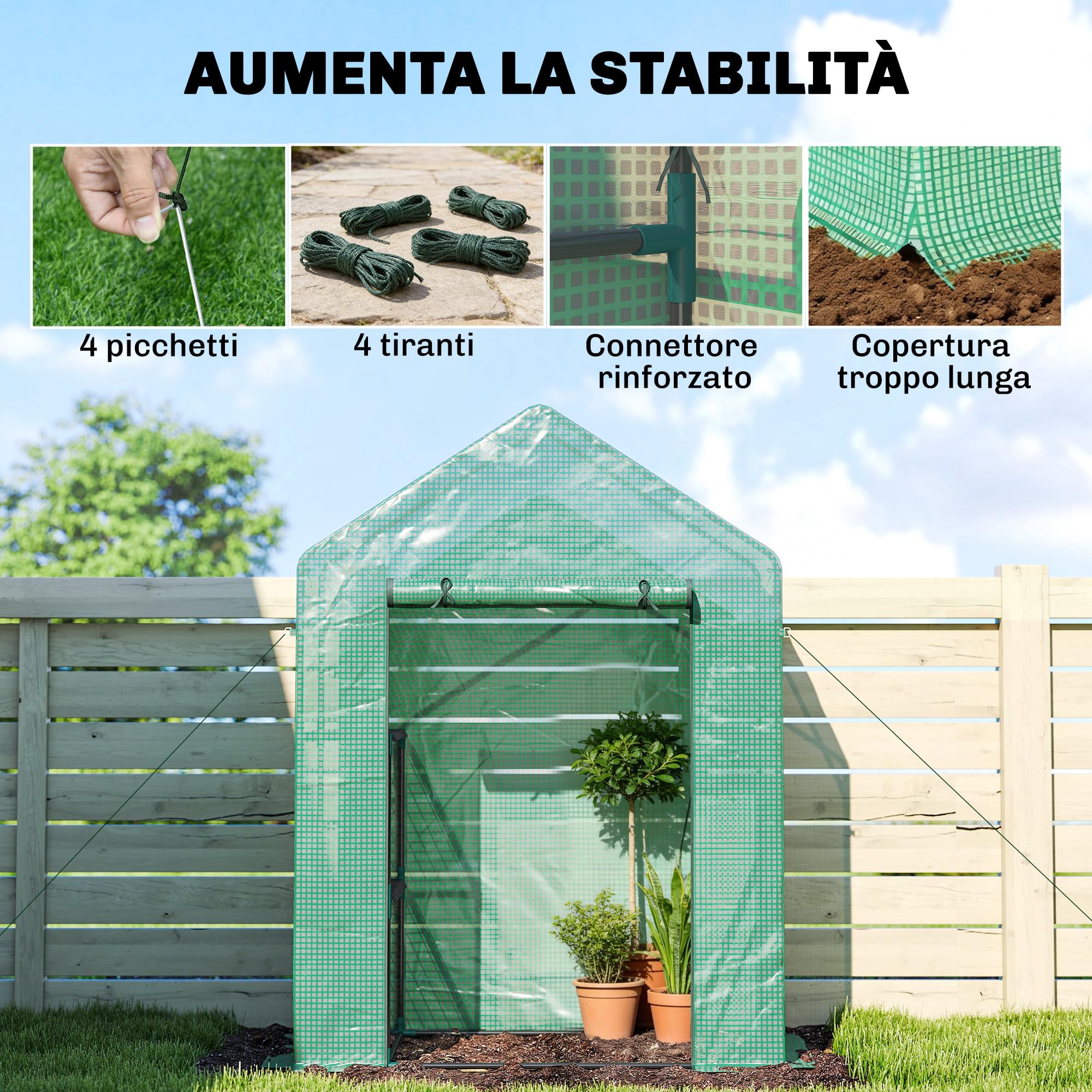Outsunny Serra da Giardino con Porta Avvolgibile e Scaffale a 2 Ripiani, Serra per Orto con Struttura in Acciaio e Copertura PE, per Piante Orto Verdure Fiori Frutta, Anti UV, 143x73x195 cm, Verde