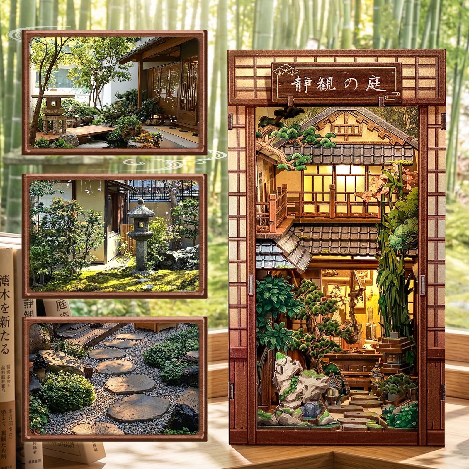 CUTEBEE Book Nook Kit - Kit de Casa de Muñecas para Adultos, Casa Miniatura Japonesa con Luz LED, Decoración para Estantería, (Serene Courtyard)
