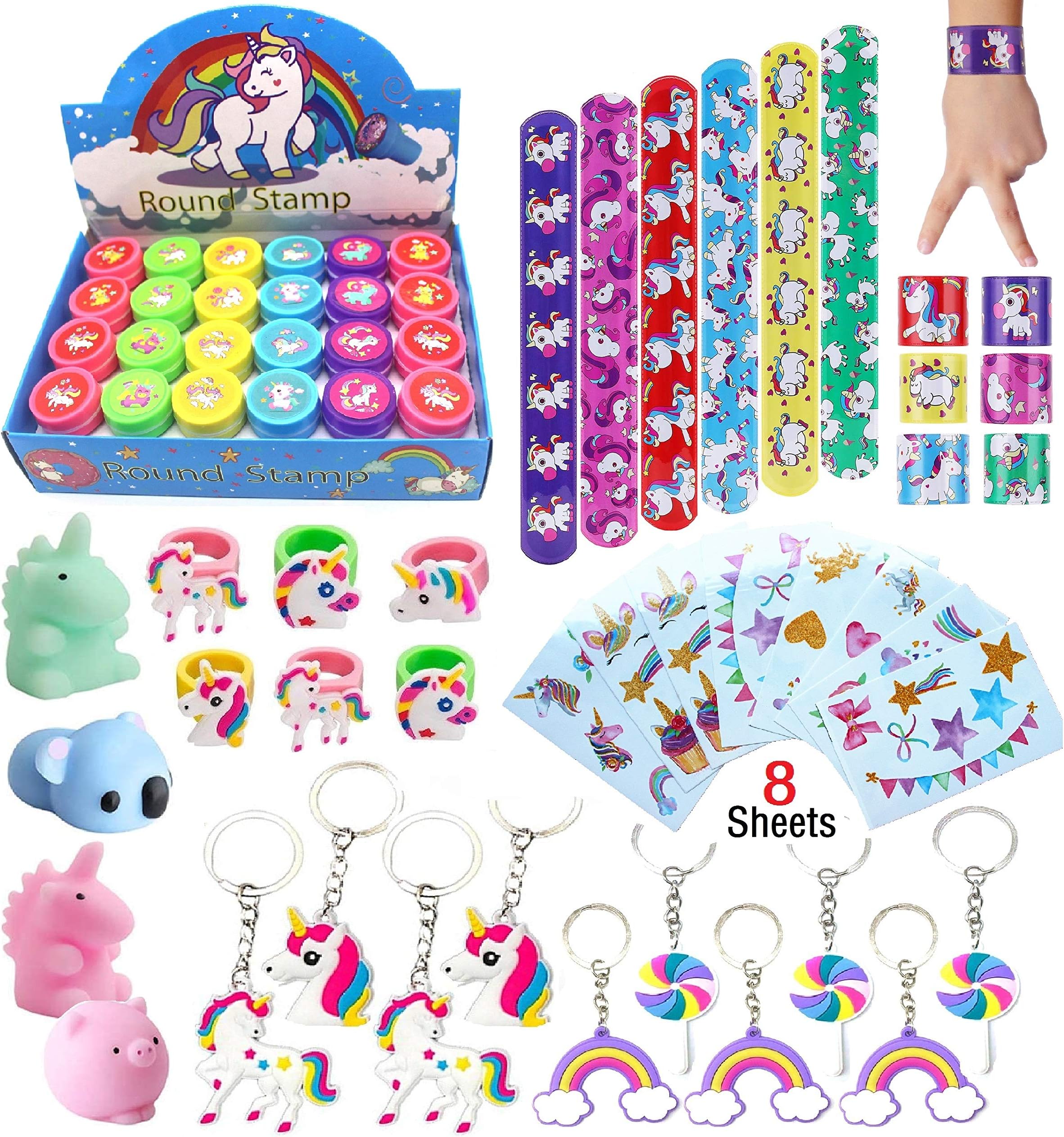 Unicorn Theme Party Favor For Kids-96Pcs Unicorn Tatoo-24Pcs Unicorn Stamper-27 Pcs Unicorn Rings Necklace Keychain-Unicorn Birthday Party Supplies