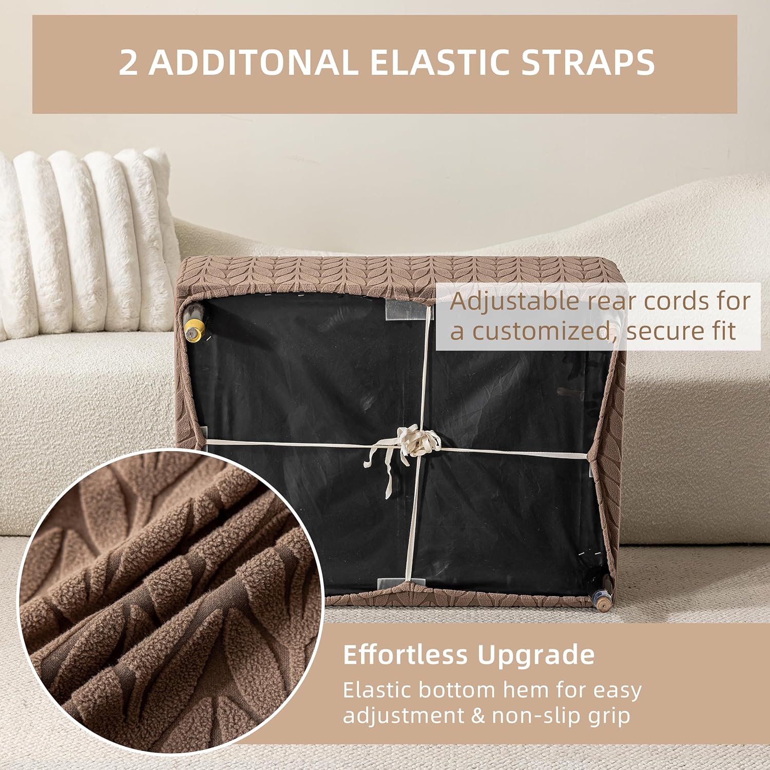 Stretch Ottoman Cover Square/Rectangle,Oversized Foot Stool Slip Cover,Jacquard Storage Footstool Furniture Protector with Elastic Band, Footrest Slipcovers Removable(Large,Herringbone Coffee)