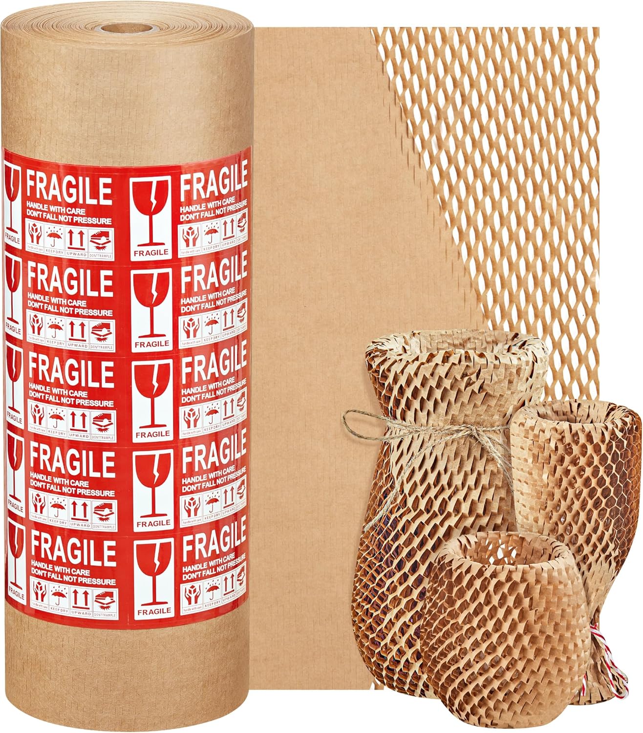 JARLINK Honeycomb Packing Paper, 15"x 328' Bubble Packing Wrap for Packing/Shipping/Moving, Eco-Friendly Bubble Packing Paper Wrapping Roll, Recyclable Moving Supplies With 30 Fragile Sticker Labels