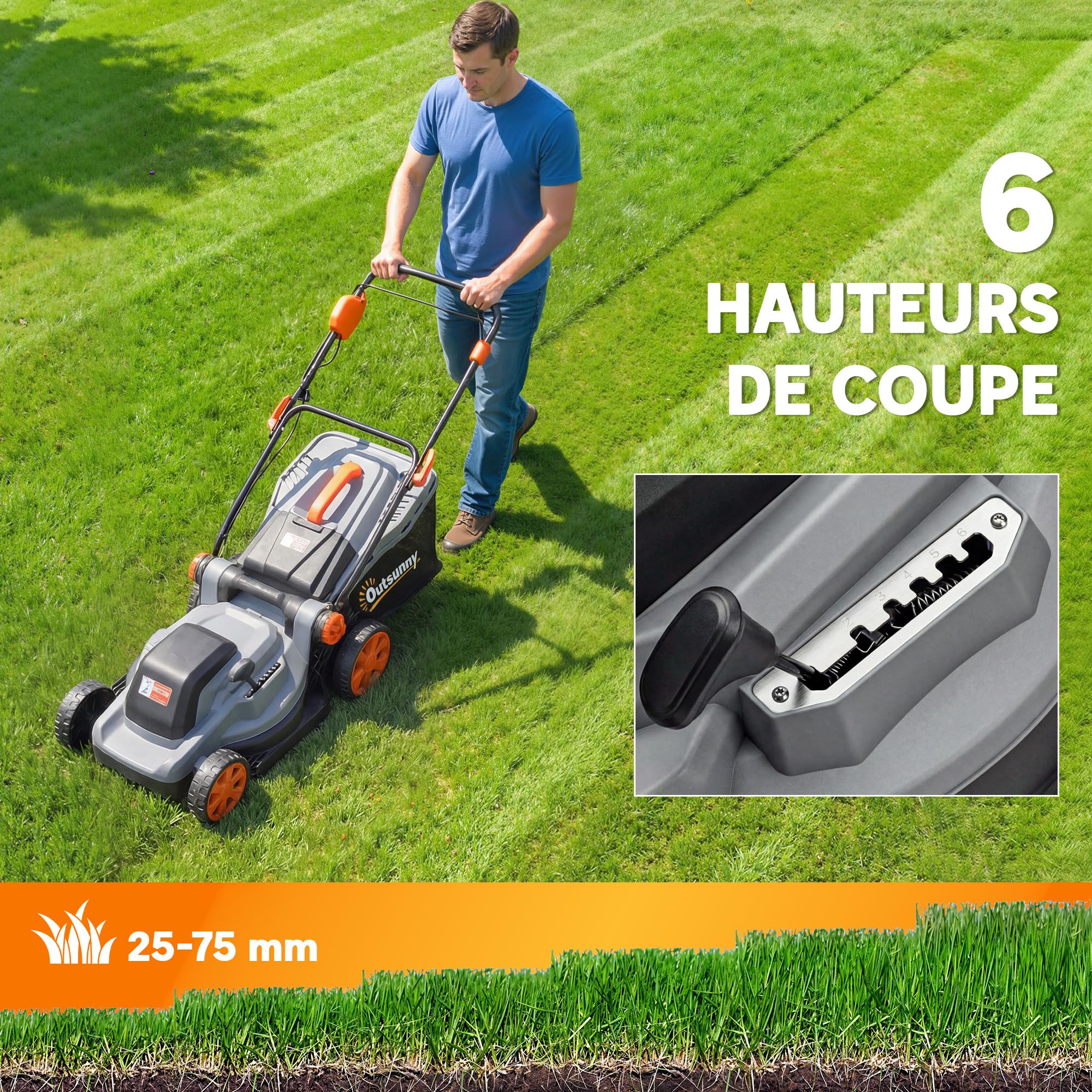Outsunny Tondeuse à Gazon sans Fil 18V x2 - Moteur Brushless 700W, 2x4.0Ah Batteries pour 400m², Largeur 34cm, 6 Hauteurs 25-75mm, Mulching Silencieux, Gris Clair