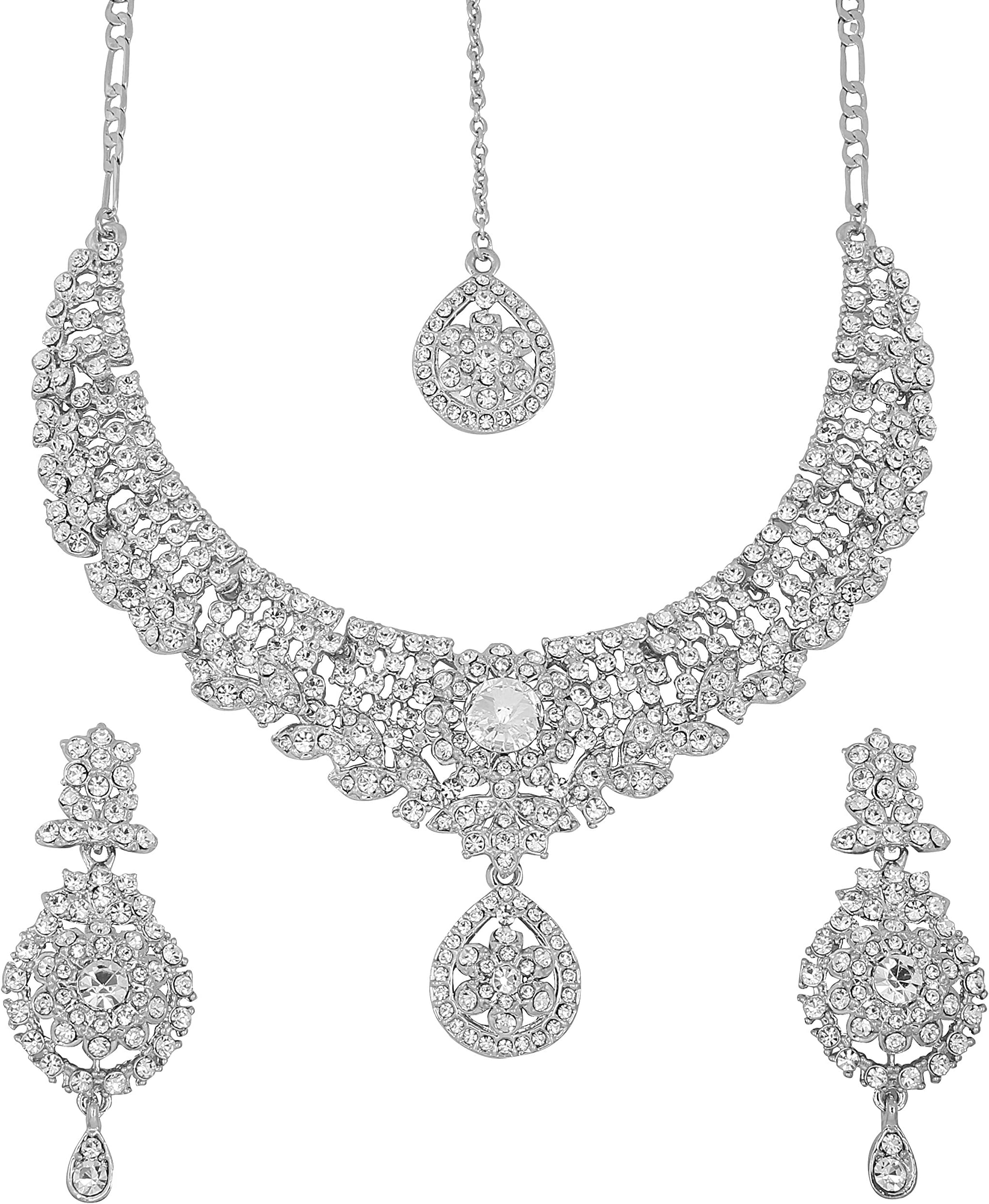 TouchstoneHollywood Glamour Pretty Princess Delight White Rhinestone Bridal Designer Jewelry Necklace Set for Women in Silver Tone